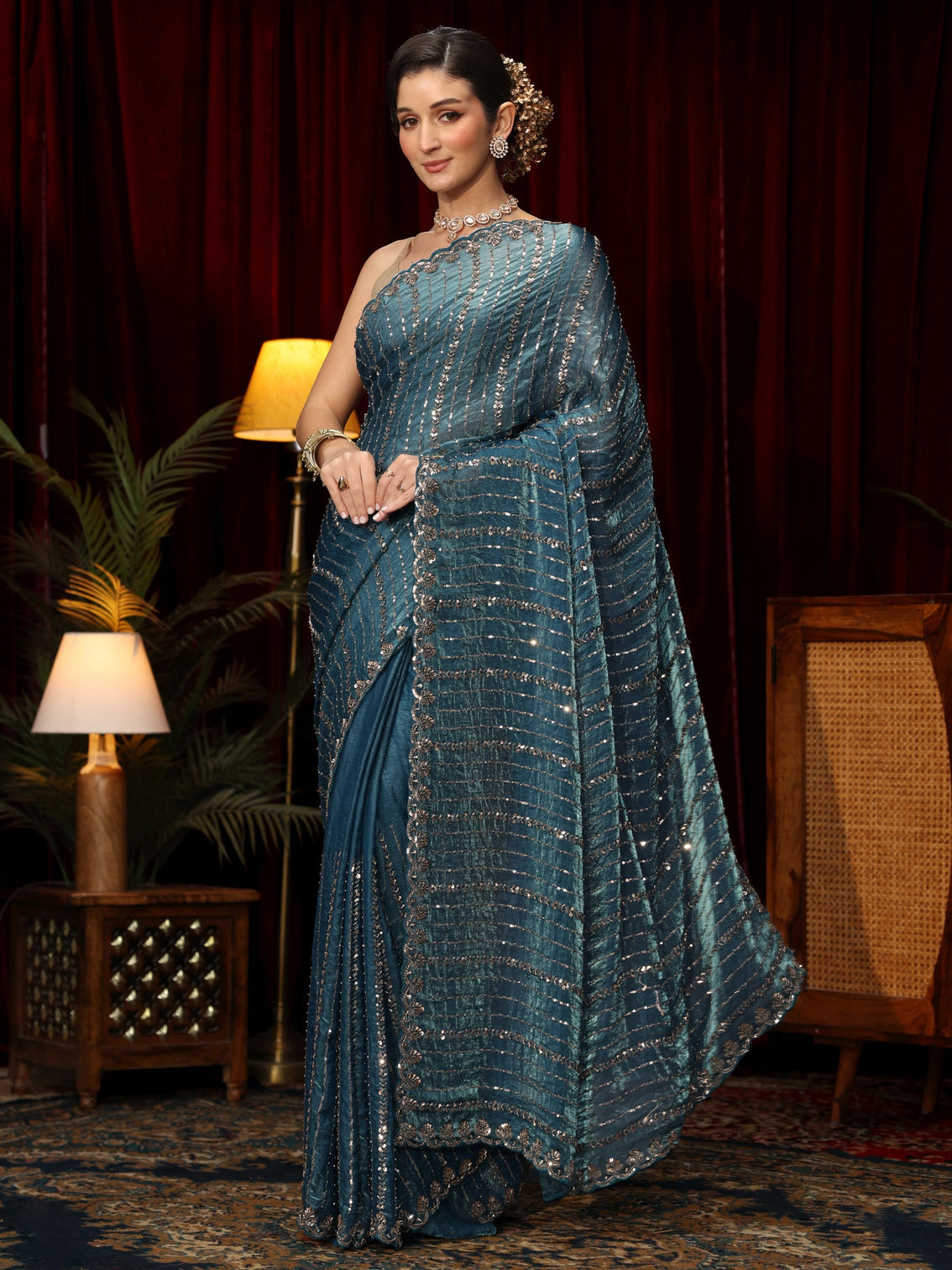 Mameraa Art Slate Blue Sequin Embellished Tissue Saree