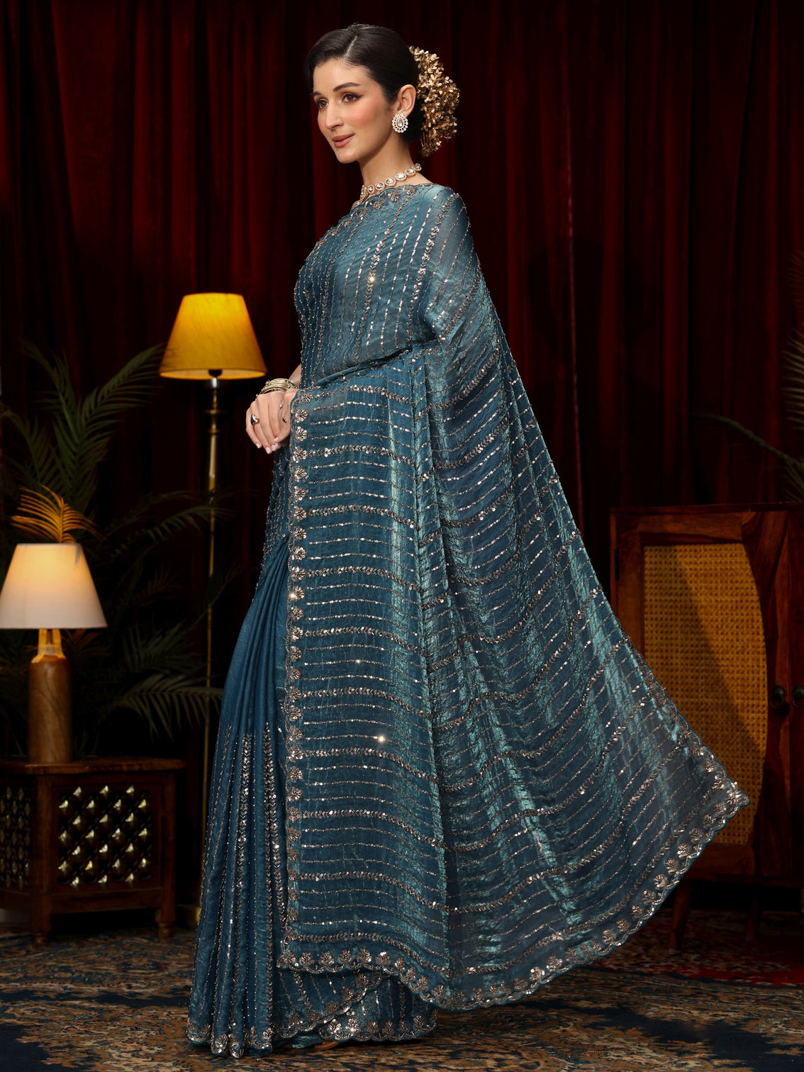 Mameraa Art Slate Blue Sequin Embellished Tissue Saree