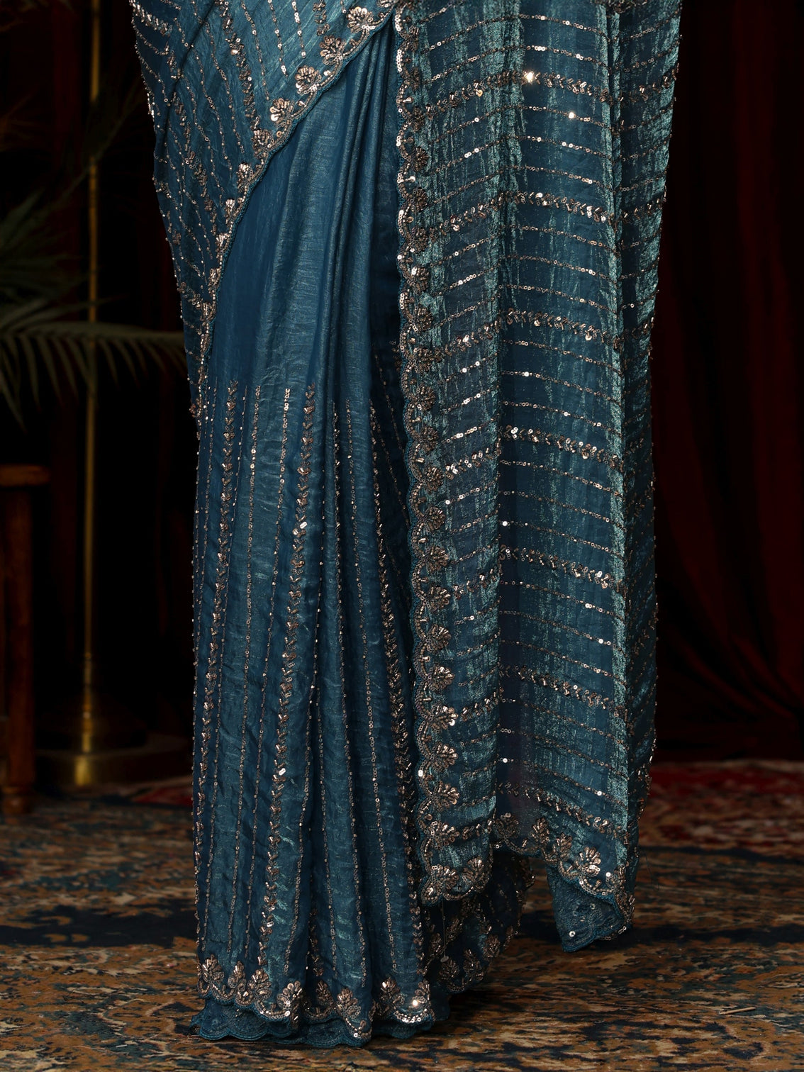 Mameraa Art Slate Blue Sequin Embellished Tissue Saree