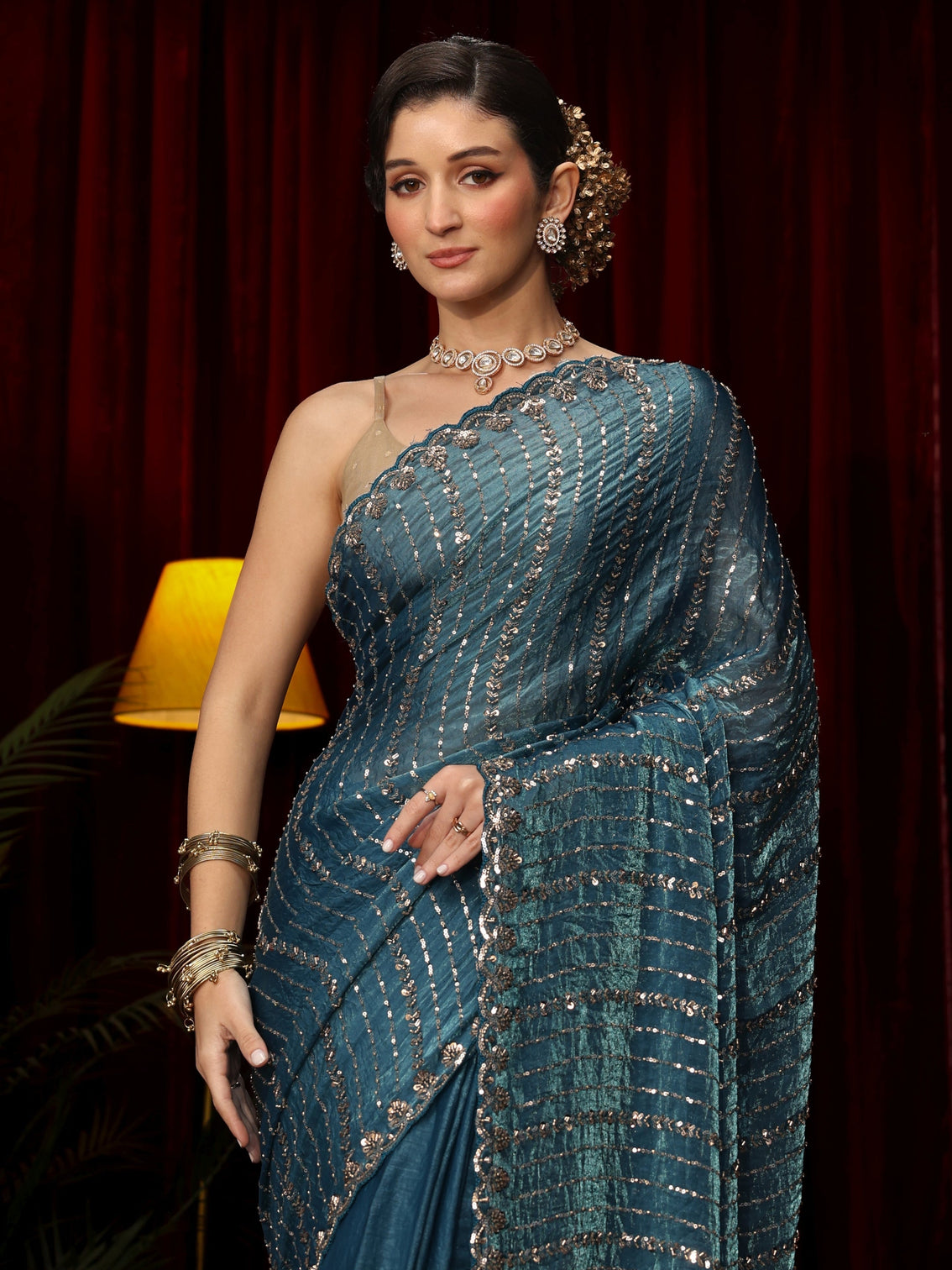 Mameraa Art Slate Blue Sequin Embellished Tissue Saree