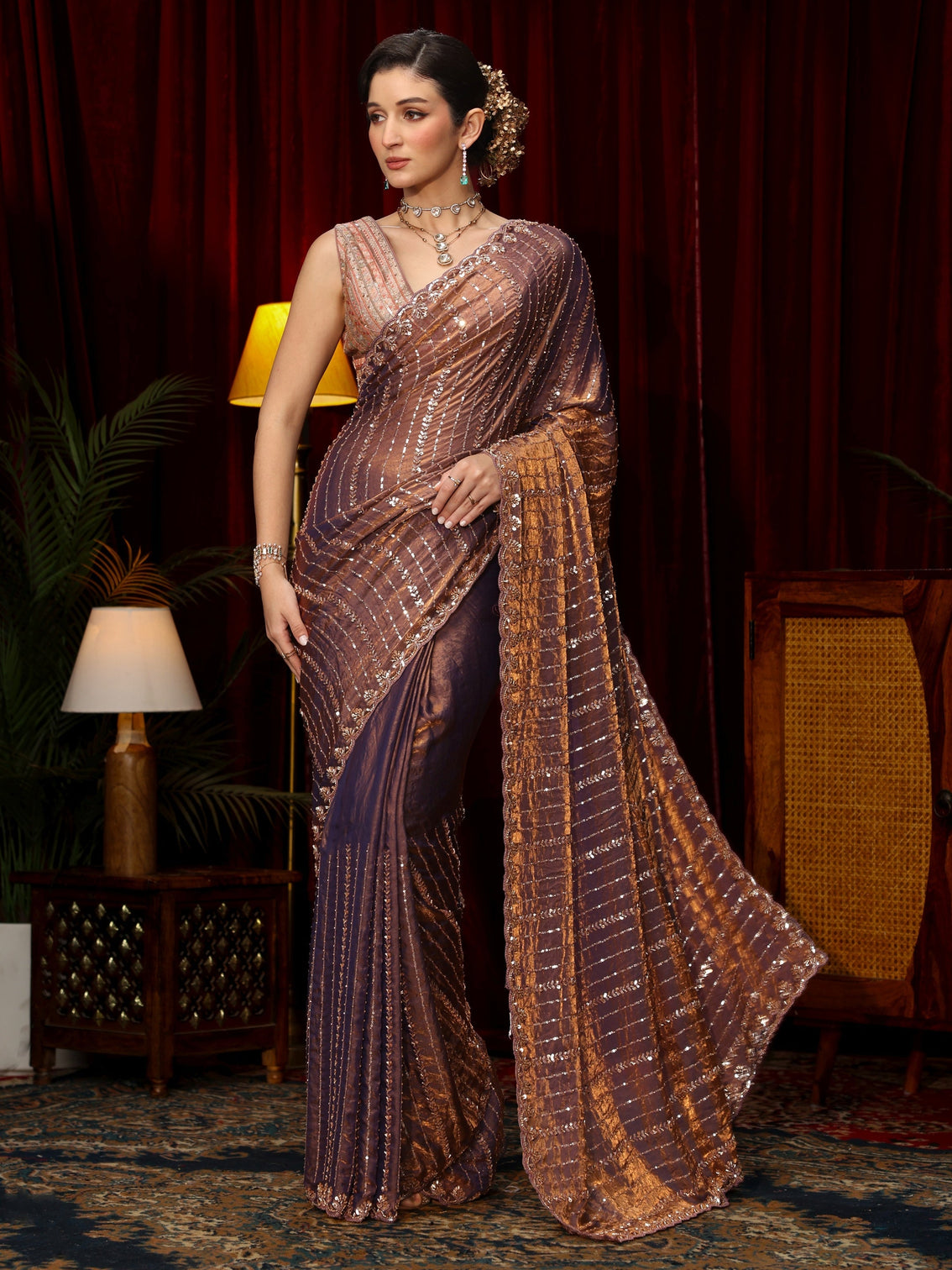 Mameraa Art Lavender Sequin Embellished Tissue Saree