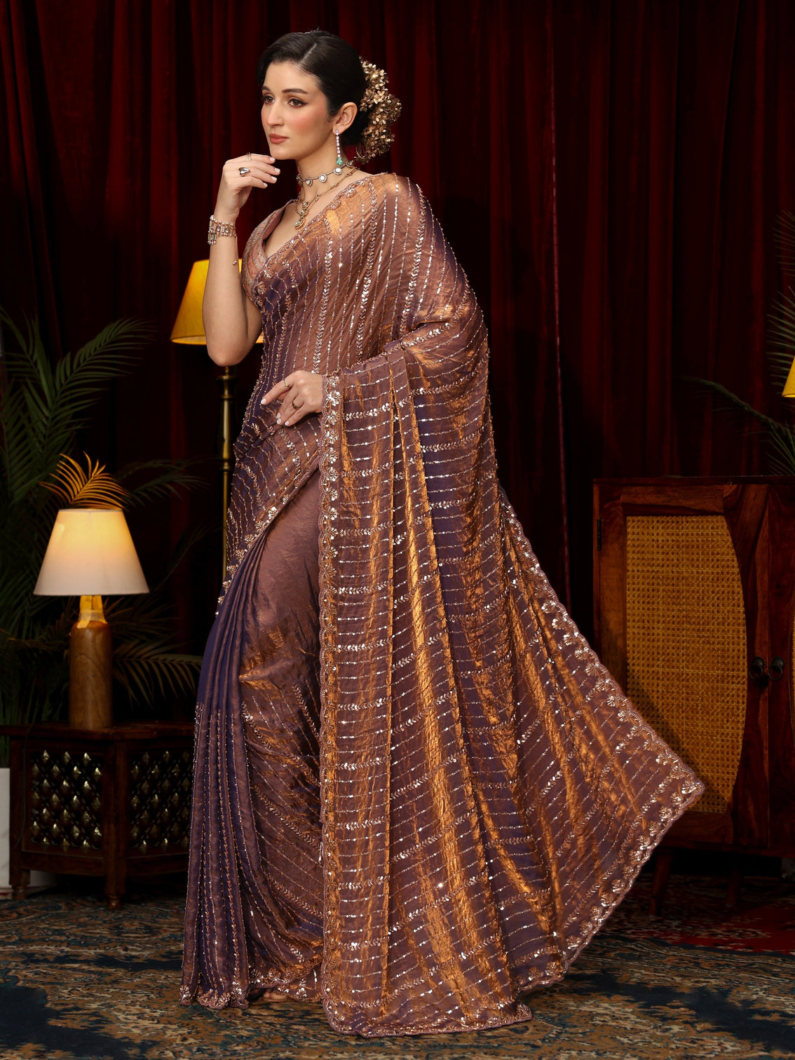 Mameraa Art Lavender Sequin Embellished Tissue Saree