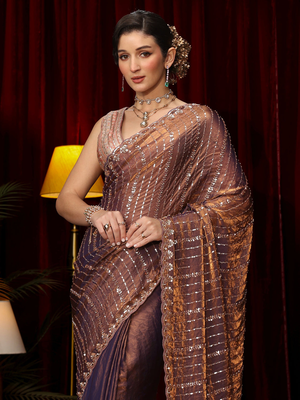 Mameraa Art Lavender Sequin Embellished Tissue Saree