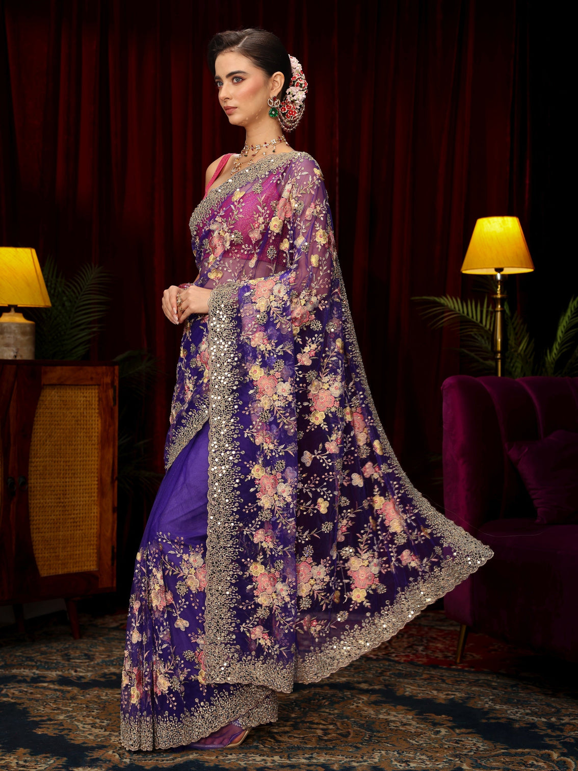Mameraa Art Purple Floral Embellished Net Saree