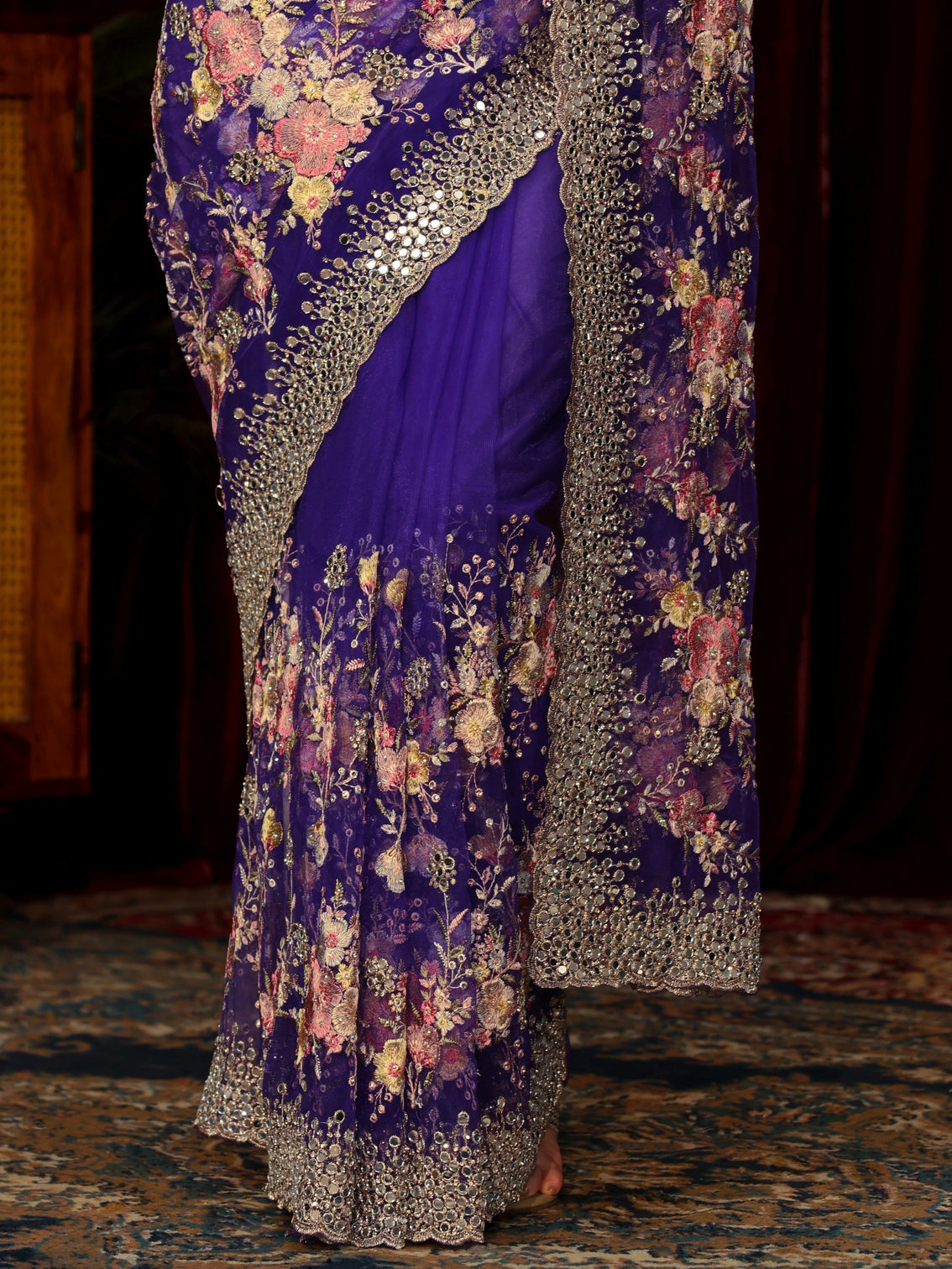 Mameraa Art Purple Floral Embellished Net Saree