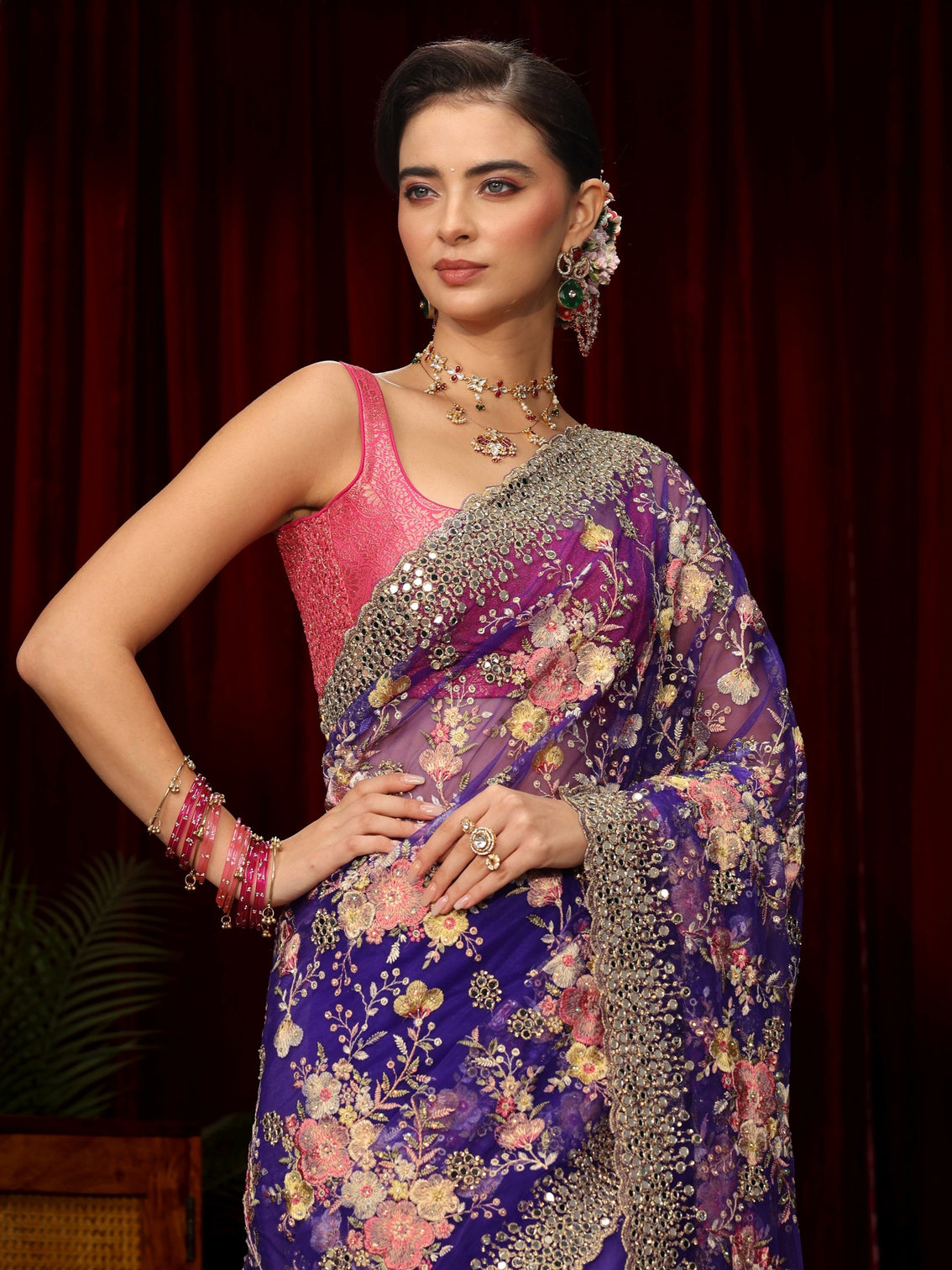 Mameraa Art Purple Floral Embellished Net Saree