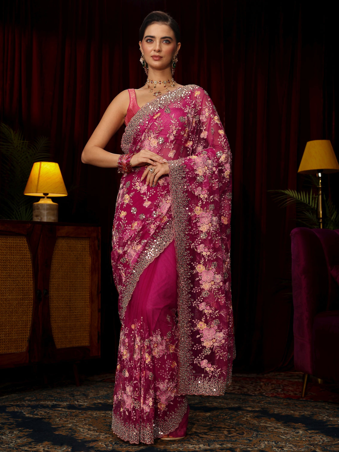 Mameraa Art Rani Pink Floral Embellished Net Saree