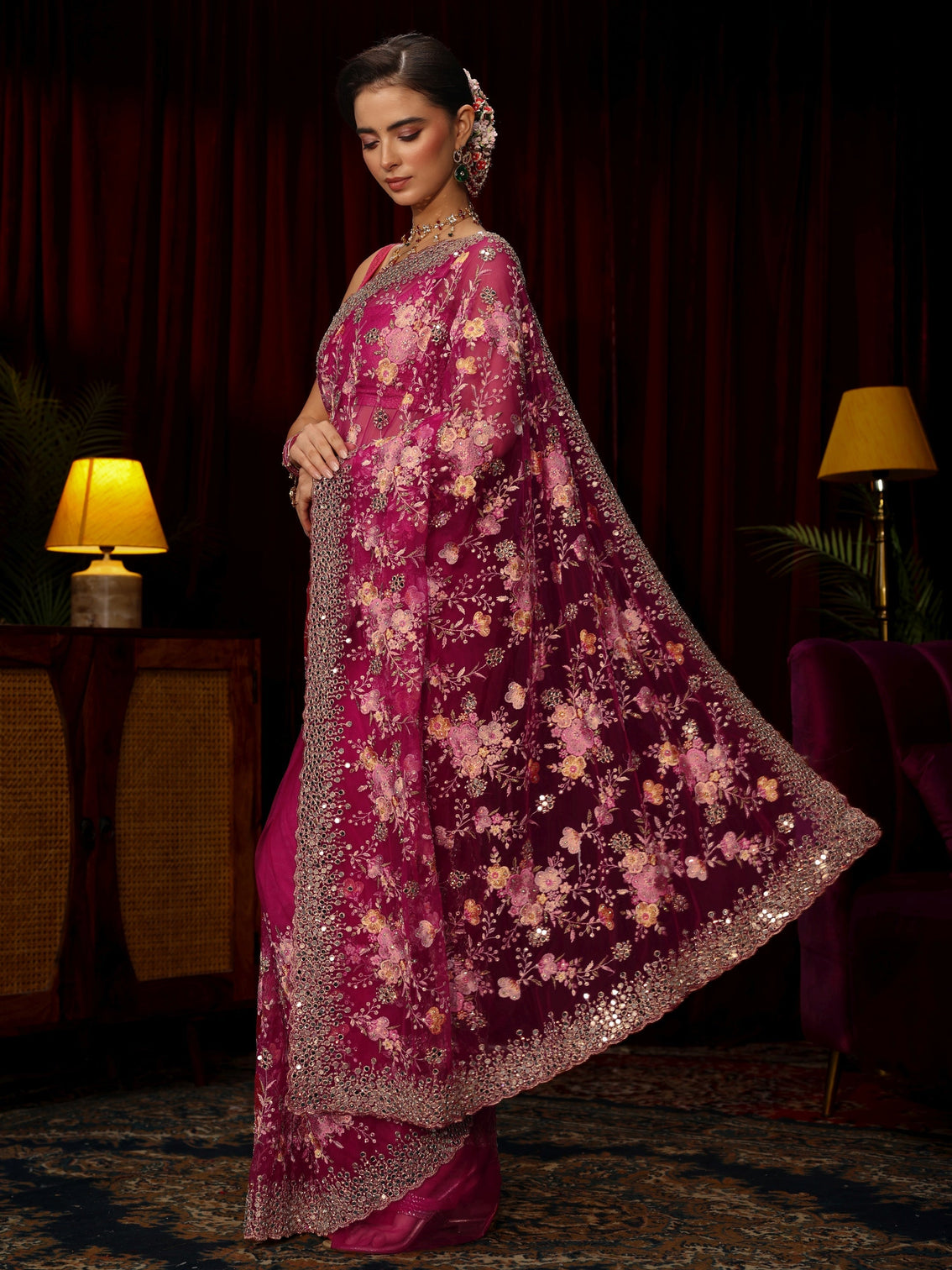 Mameraa Art Rani Pink Floral Embellished Net Saree