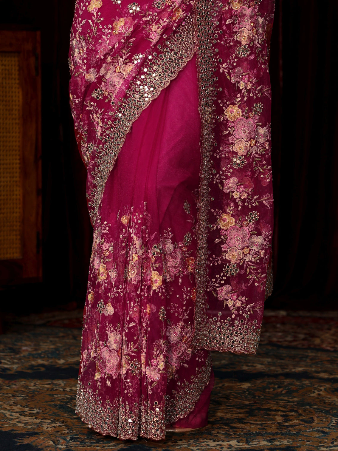 Mameraa Art Rani Pink Floral Embellished Net Saree