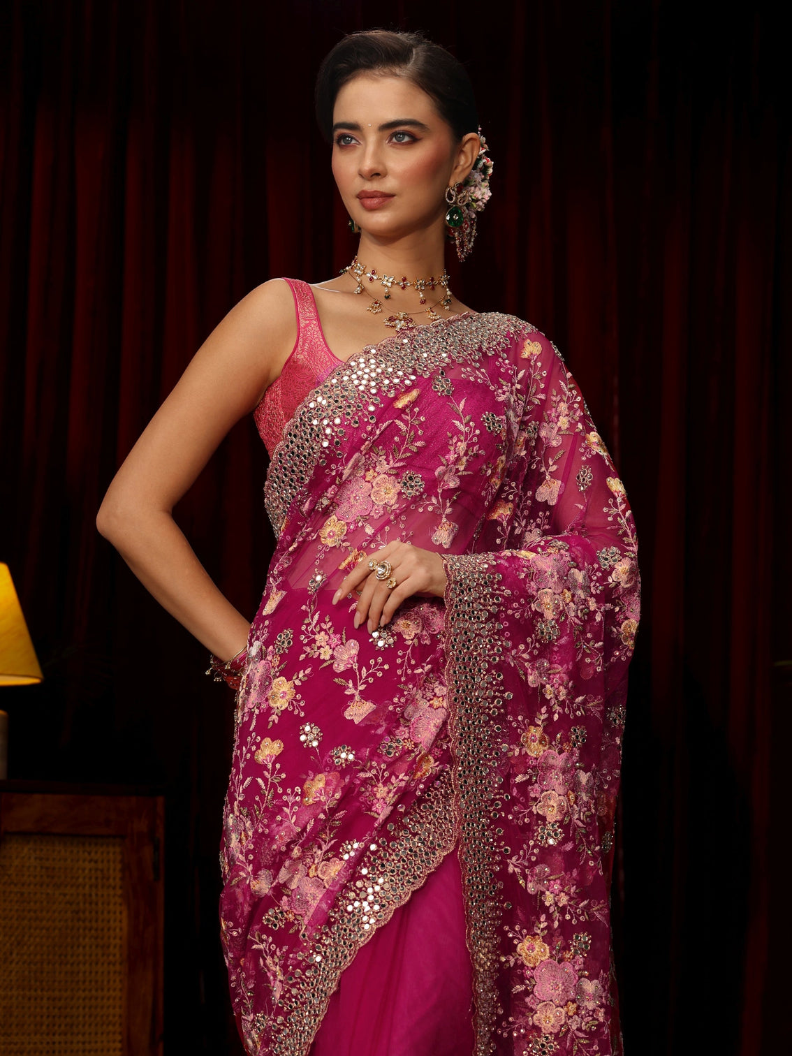 Mameraa Art Rani Pink Floral Embellished Net Saree