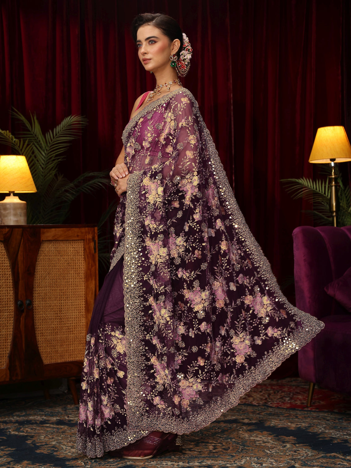 Mameraa Art Burgundy Floral Mirror Work Embroidered Net Saree