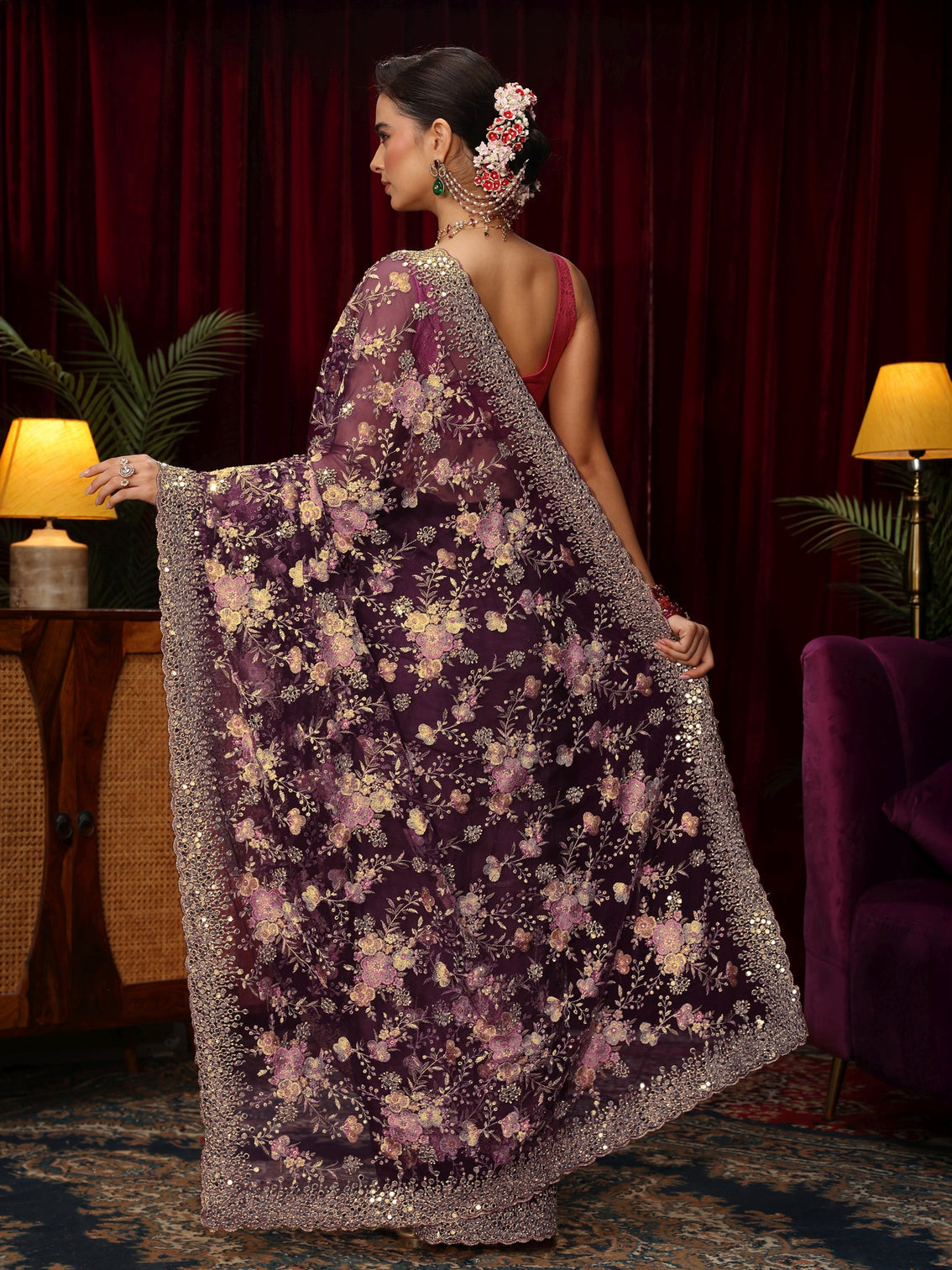 Mameraa Art Burgundy Floral Mirror Work Embroidered Net Saree