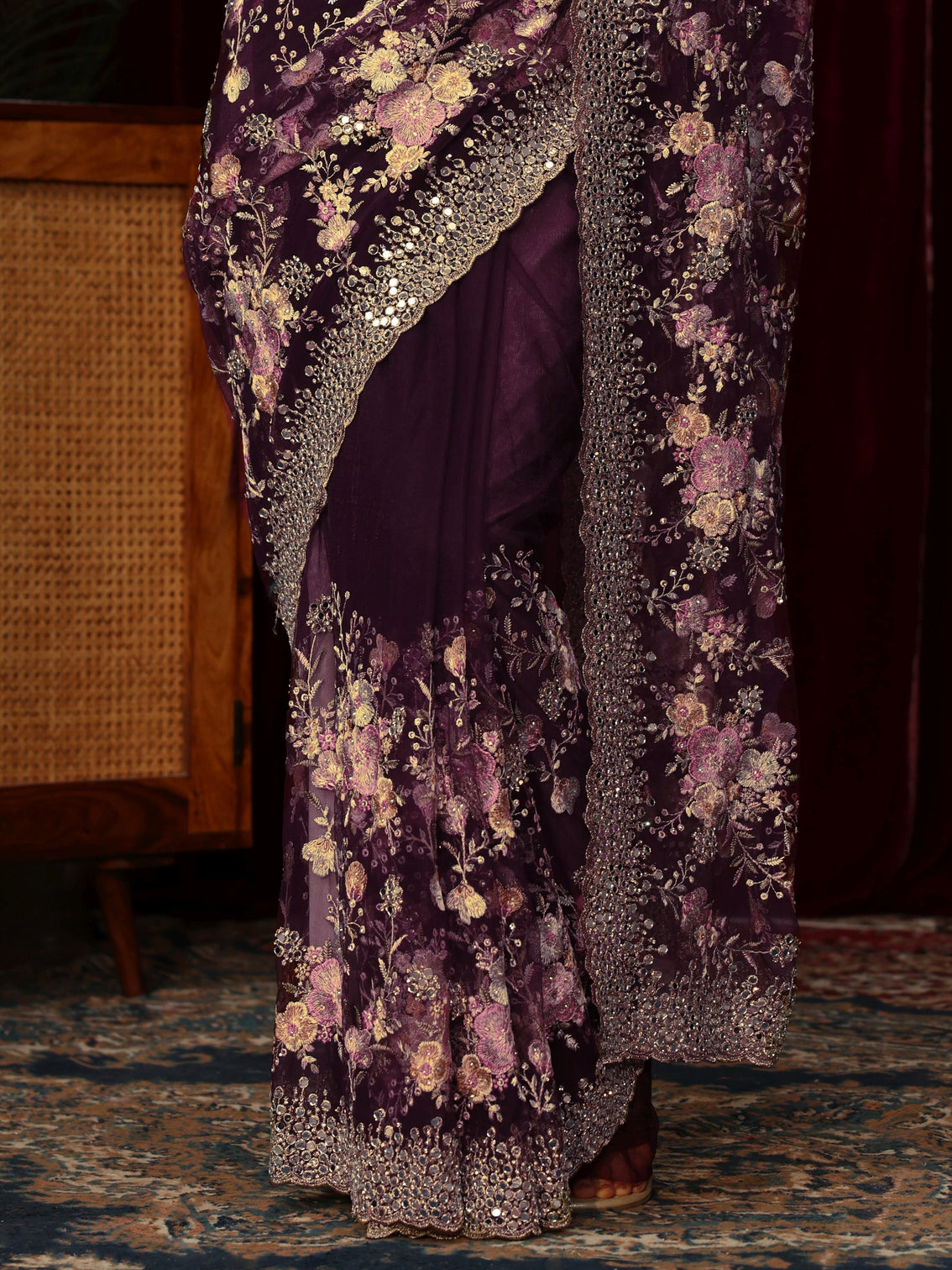 Mameraa Art Burgundy Floral Mirror Work Embroidered Net Saree