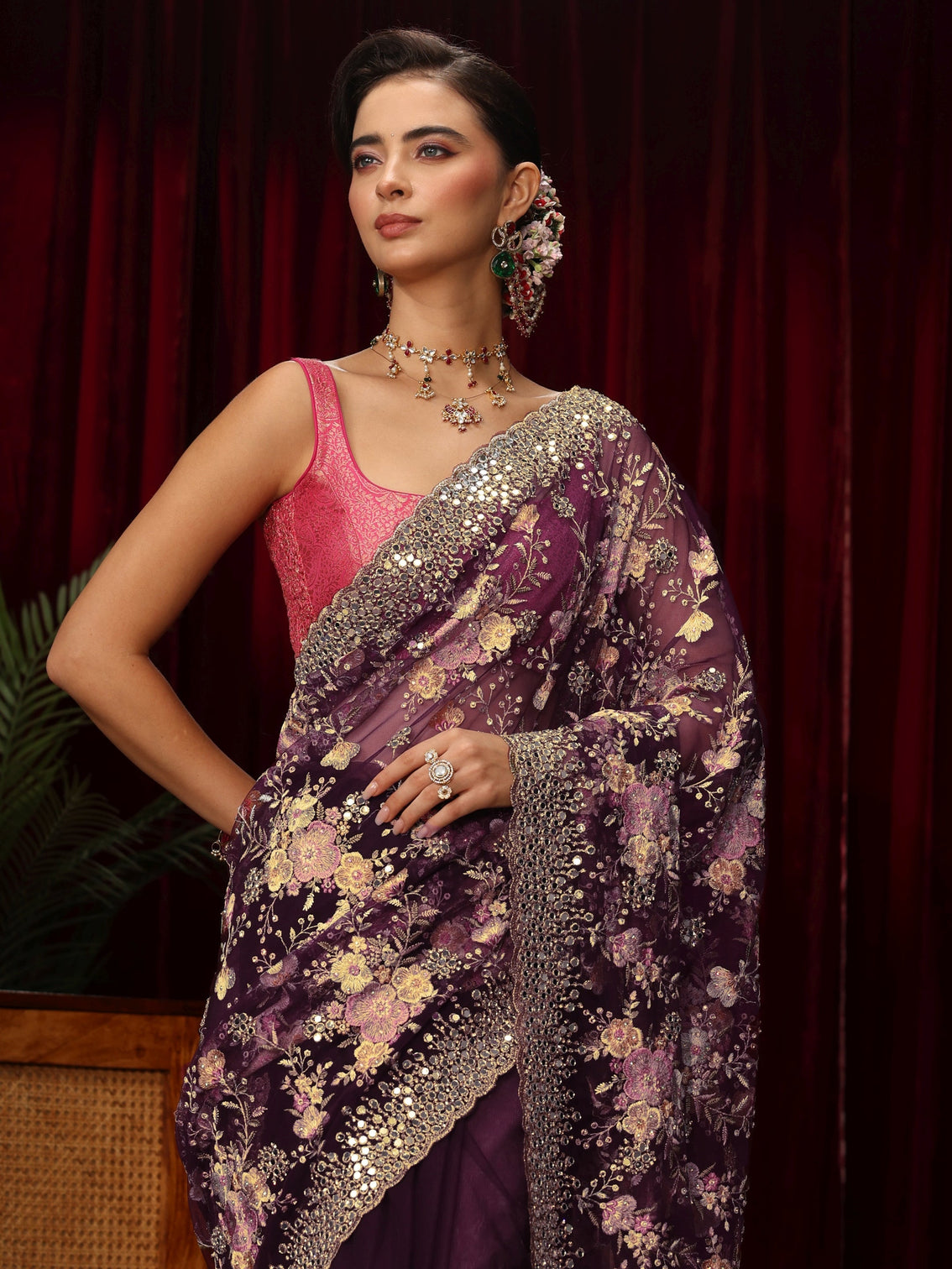 Mameraa Art Burgundy Floral Mirror Work Embroidered Net Saree