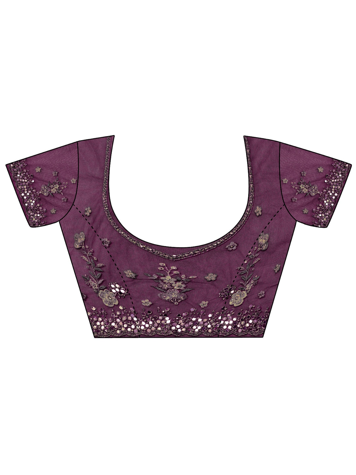 Mameraa Art Burgundy Floral Mirror Work Embroidered Net Saree