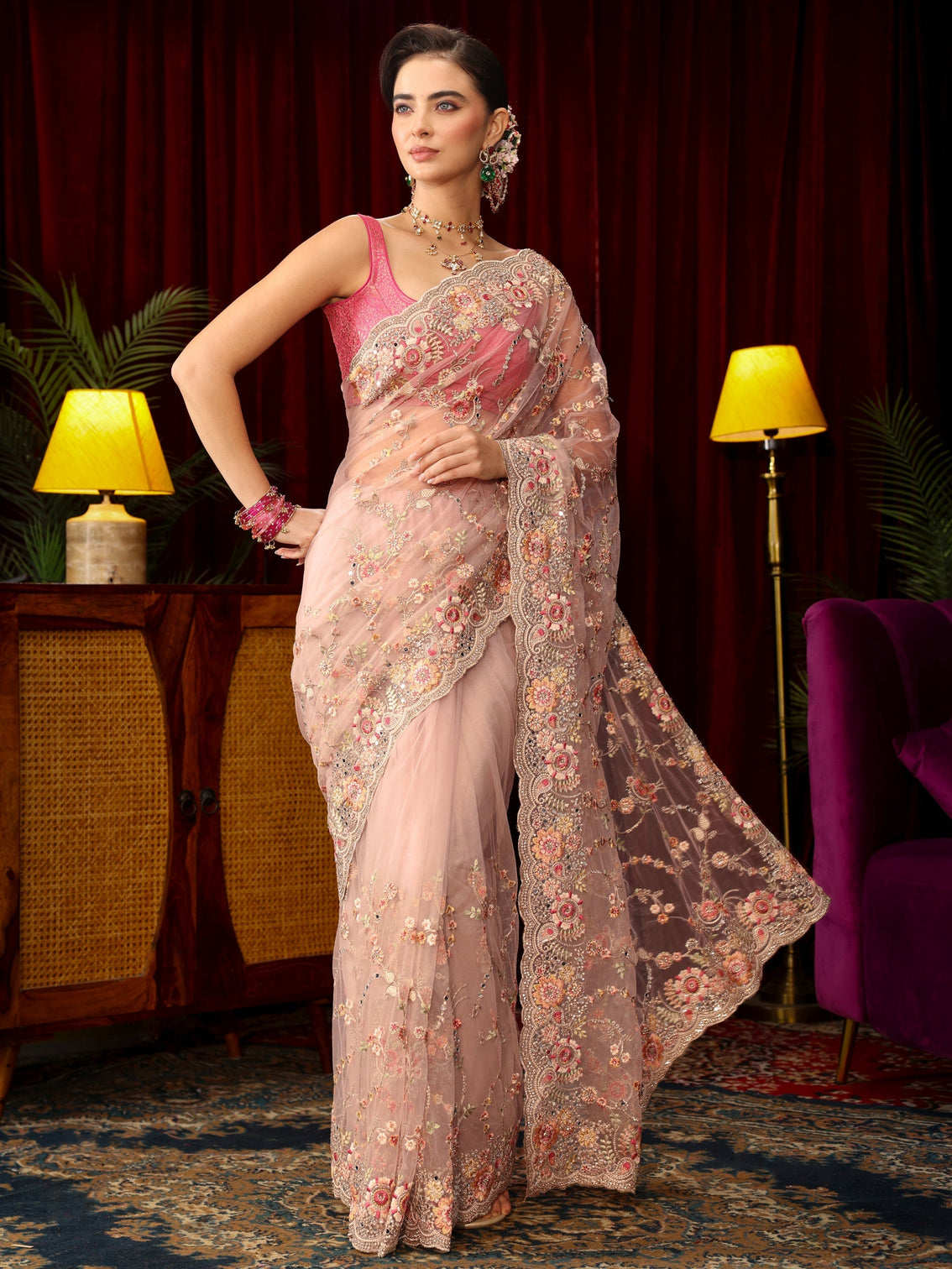 Mameraa Art Baby Pink Floral Embellished Net Saree