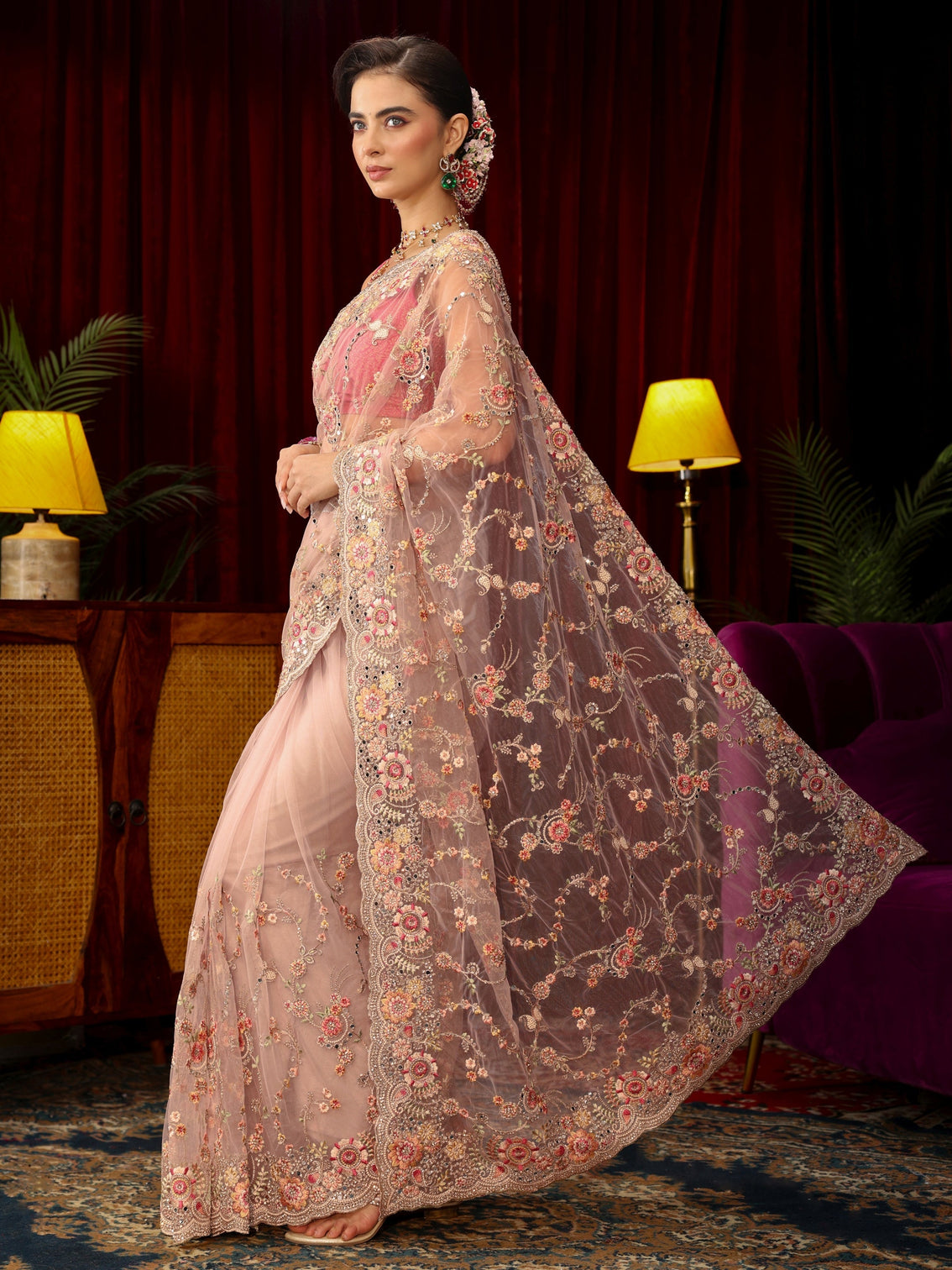 Mameraa Art Baby Pink Floral Embellished Net Saree