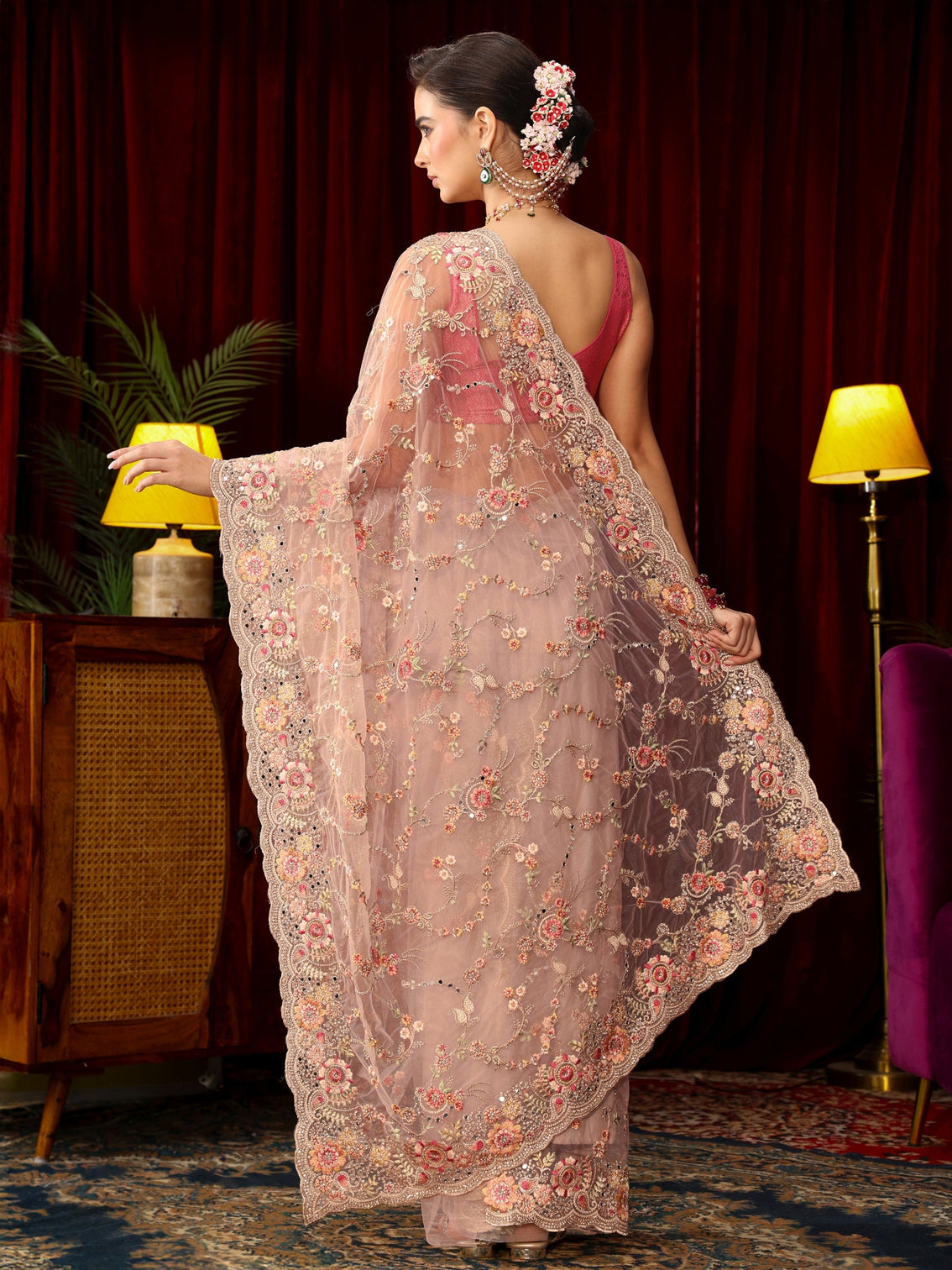 Mameraa Art Baby Pink Floral Embellished Net Saree