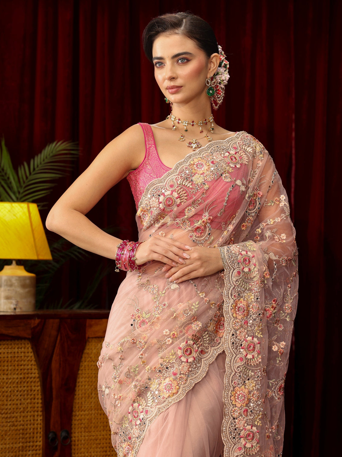 Mameraa Art Baby Pink Floral Embellished Net Saree
