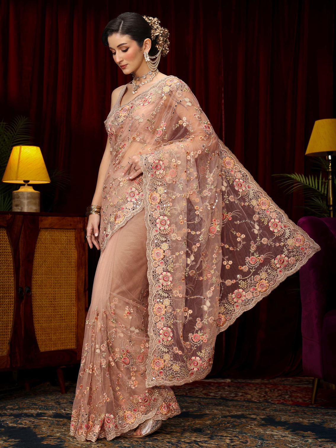 Mameraa Art Dusty Pink Floral Embellished Net Saree