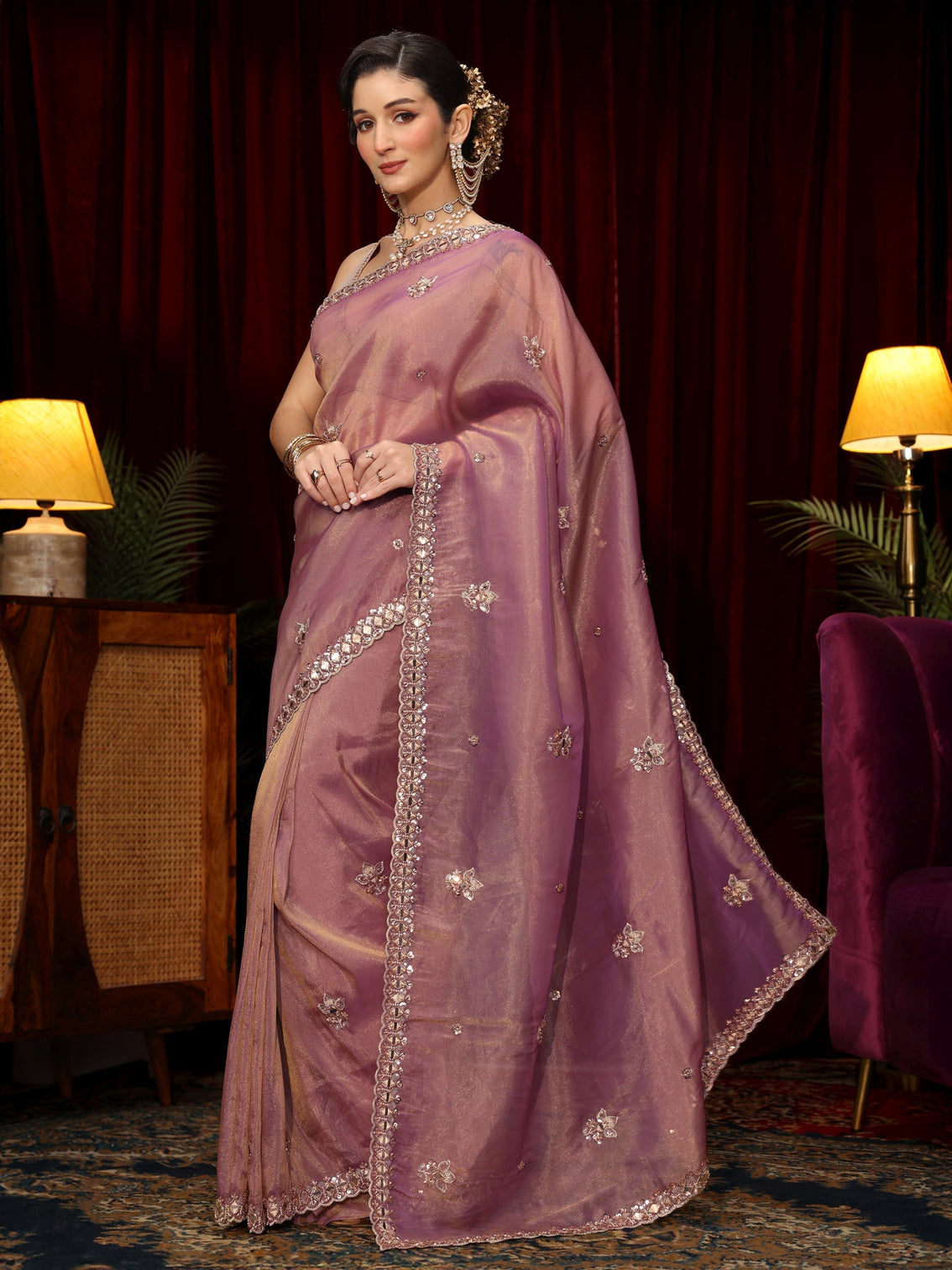 Mameraa Art Lavender Floral Embellished Tissue Saree