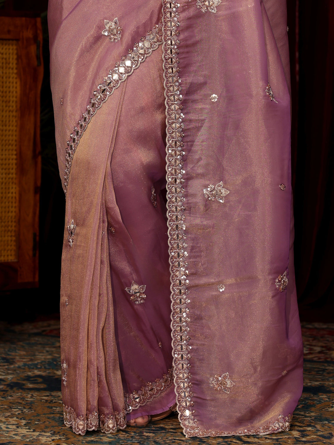 Mameraa Art Lavender Floral Embellished Tissue Saree