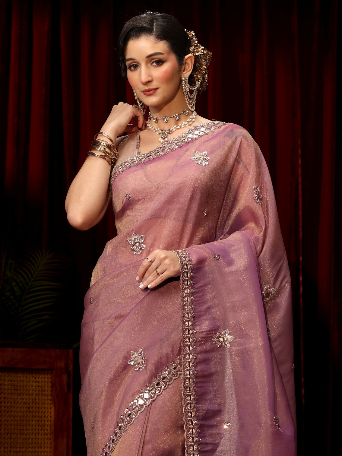 Mameraa Art Lavender Floral Embellished Tissue Saree