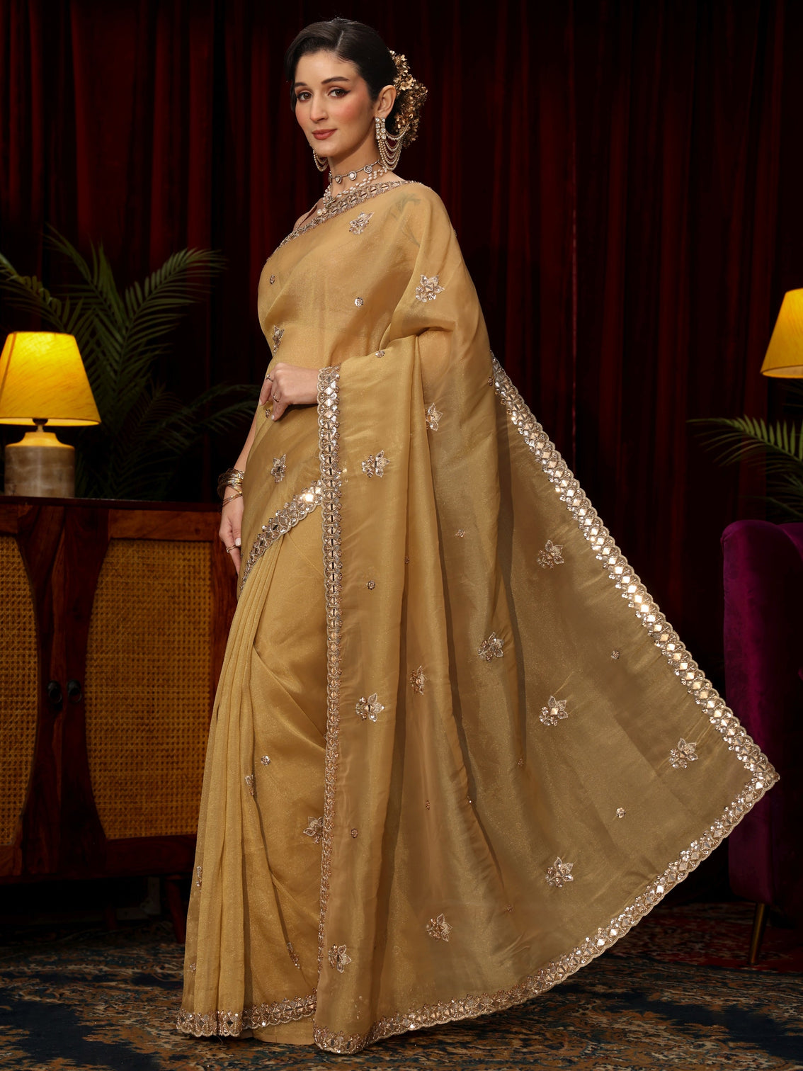 Mameraa Art Mustard Floral Embellished Tissue Saree