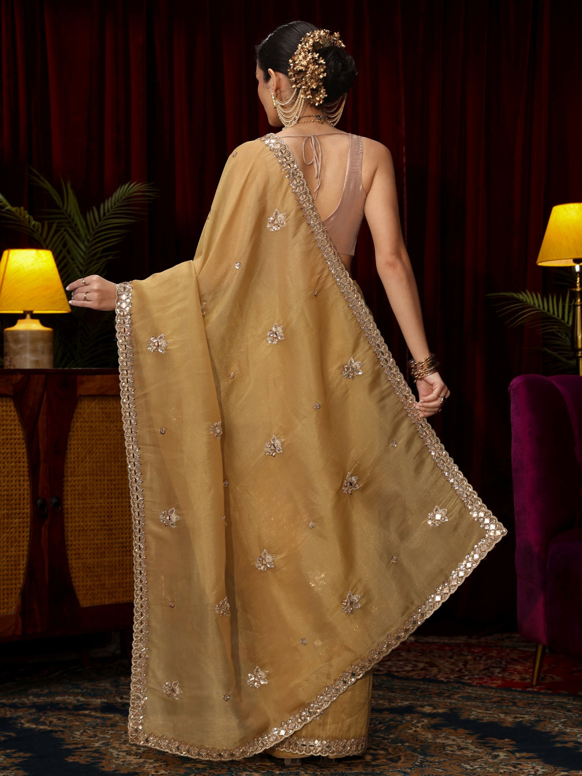 Mameraa Art Mustard Floral Embellished Tissue Saree