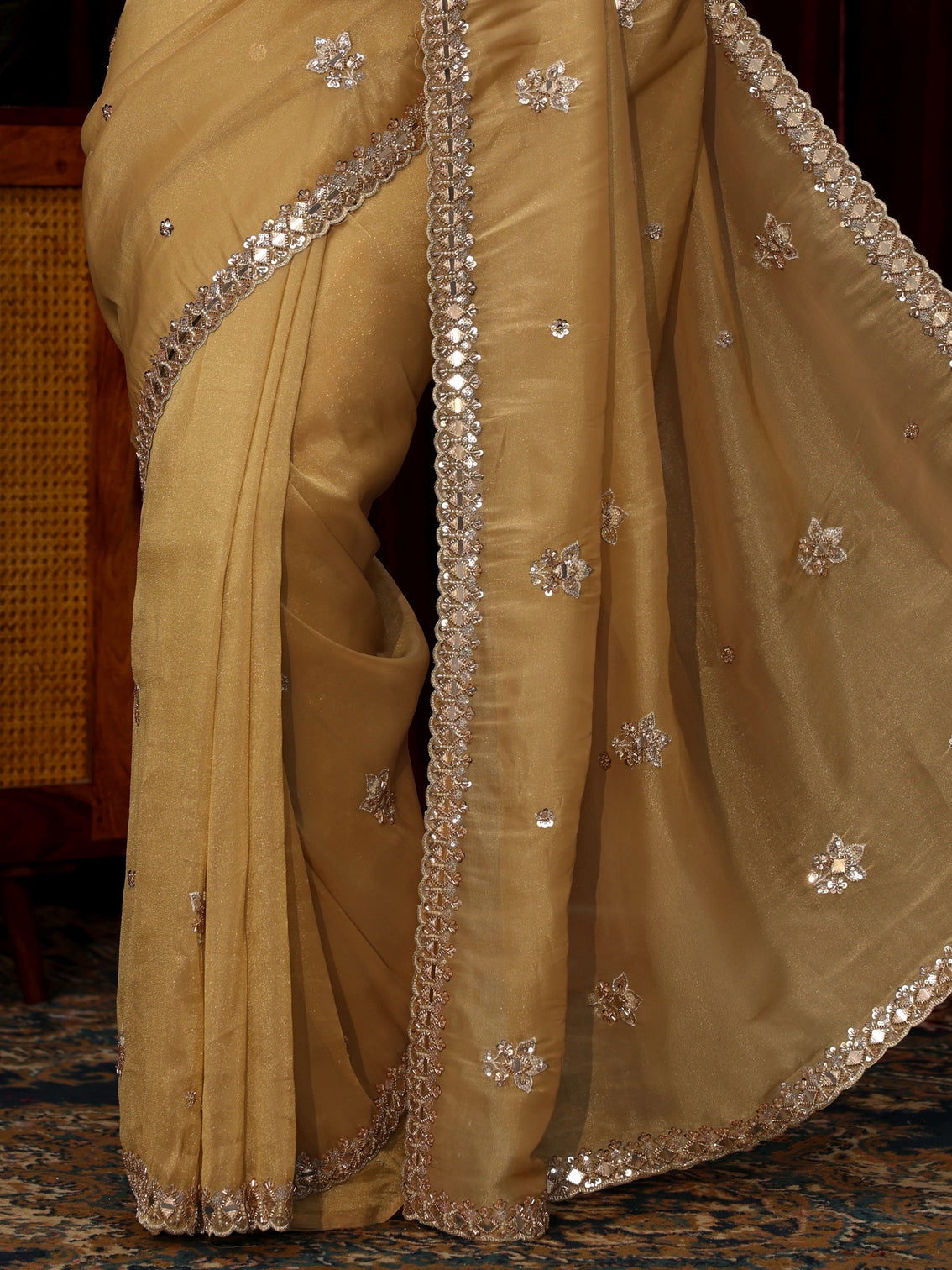 Mameraa Art Mustard Floral Embellished Tissue Saree