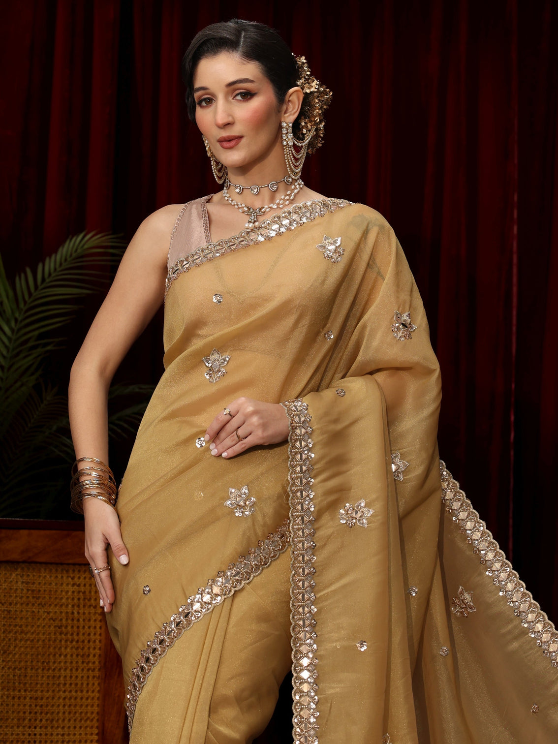 Mameraa Art Mustard Floral Embellished Tissue Saree