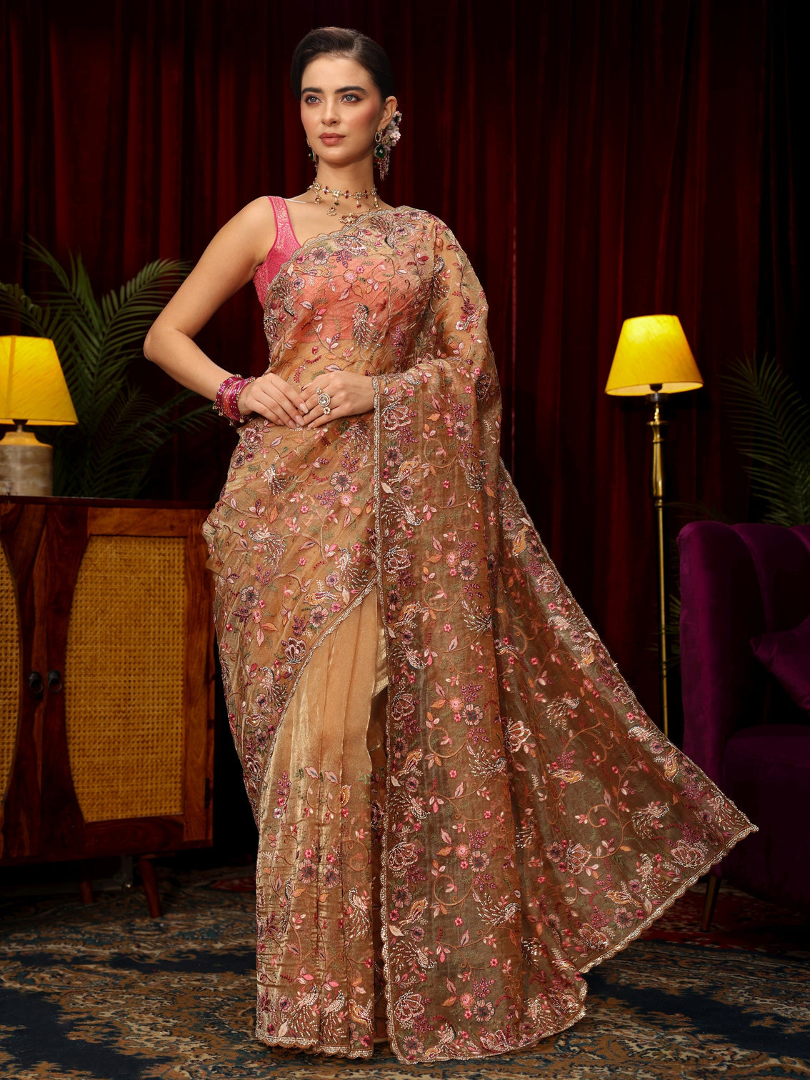 Mameraa Art Beige Floral Embellished Tissue Saree