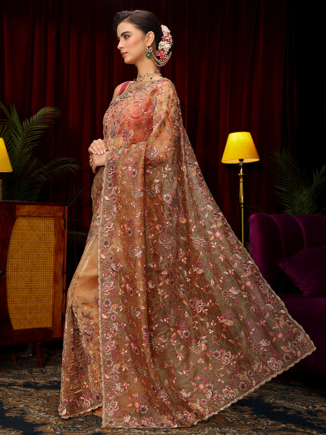Mameraa Art Beige Floral Embellished Tissue Saree