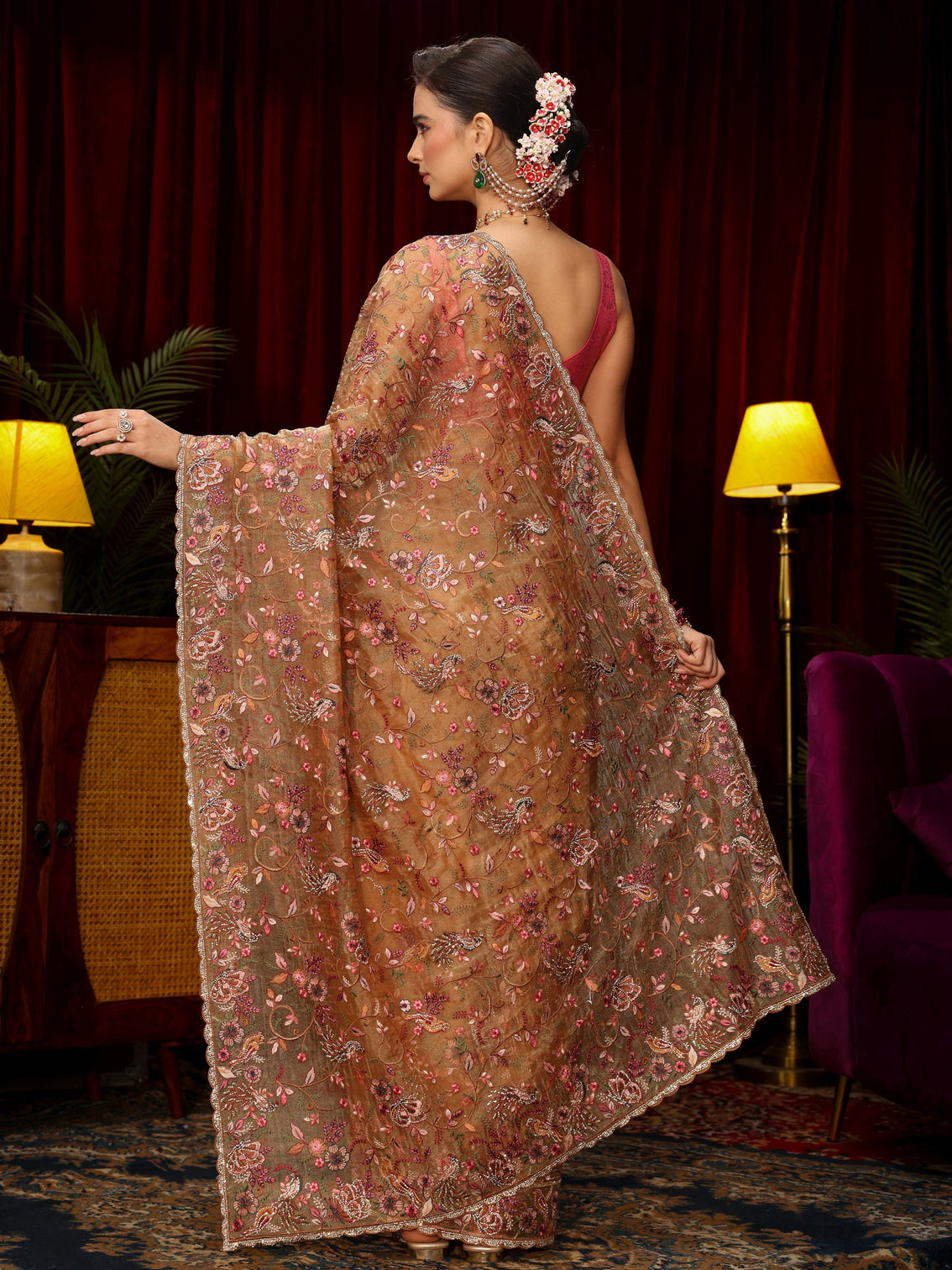 Mameraa Art Beige Floral Embellished Tissue Saree