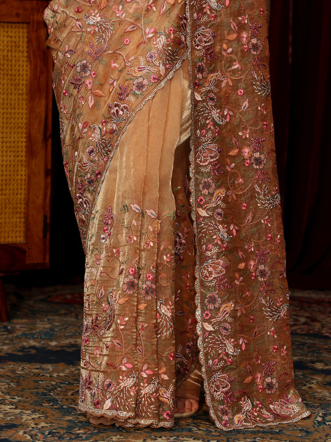 Mameraa Art Beige Floral Embellished Tissue Saree