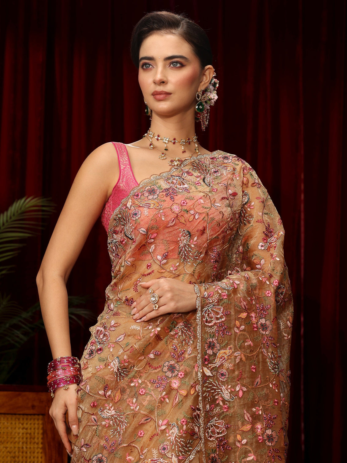 Mameraa Art Beige Floral Embellished Tissue Saree