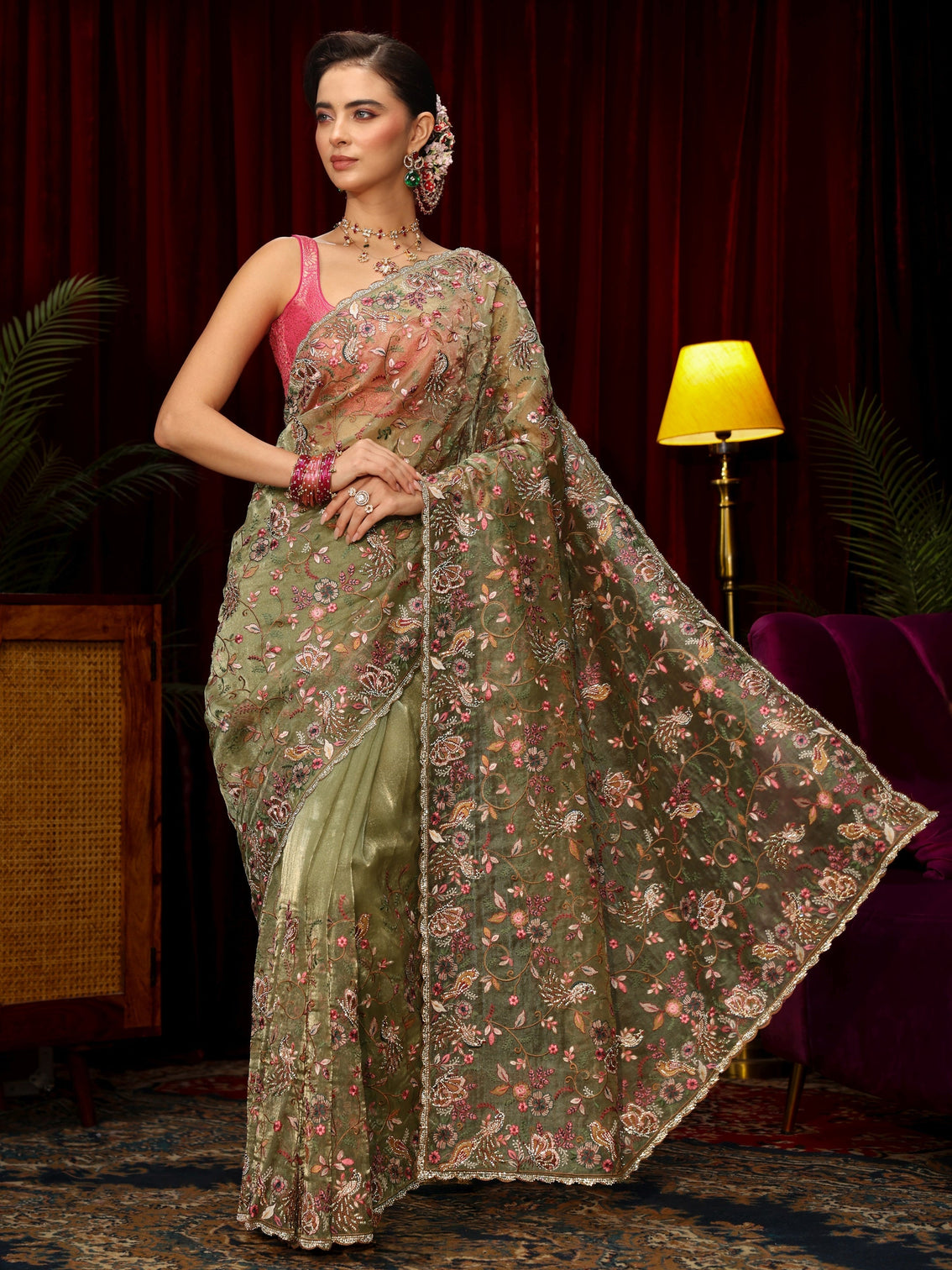 Mameraa Art Sage Green Floral Embellished Tissue Saree