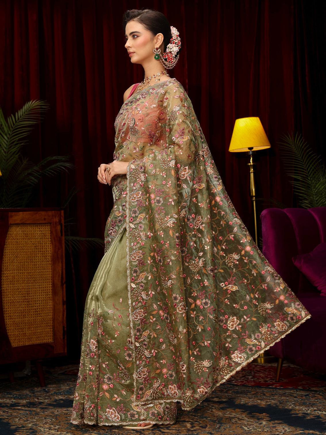 Mameraa Art Sage Green Floral Embellished Tissue Saree