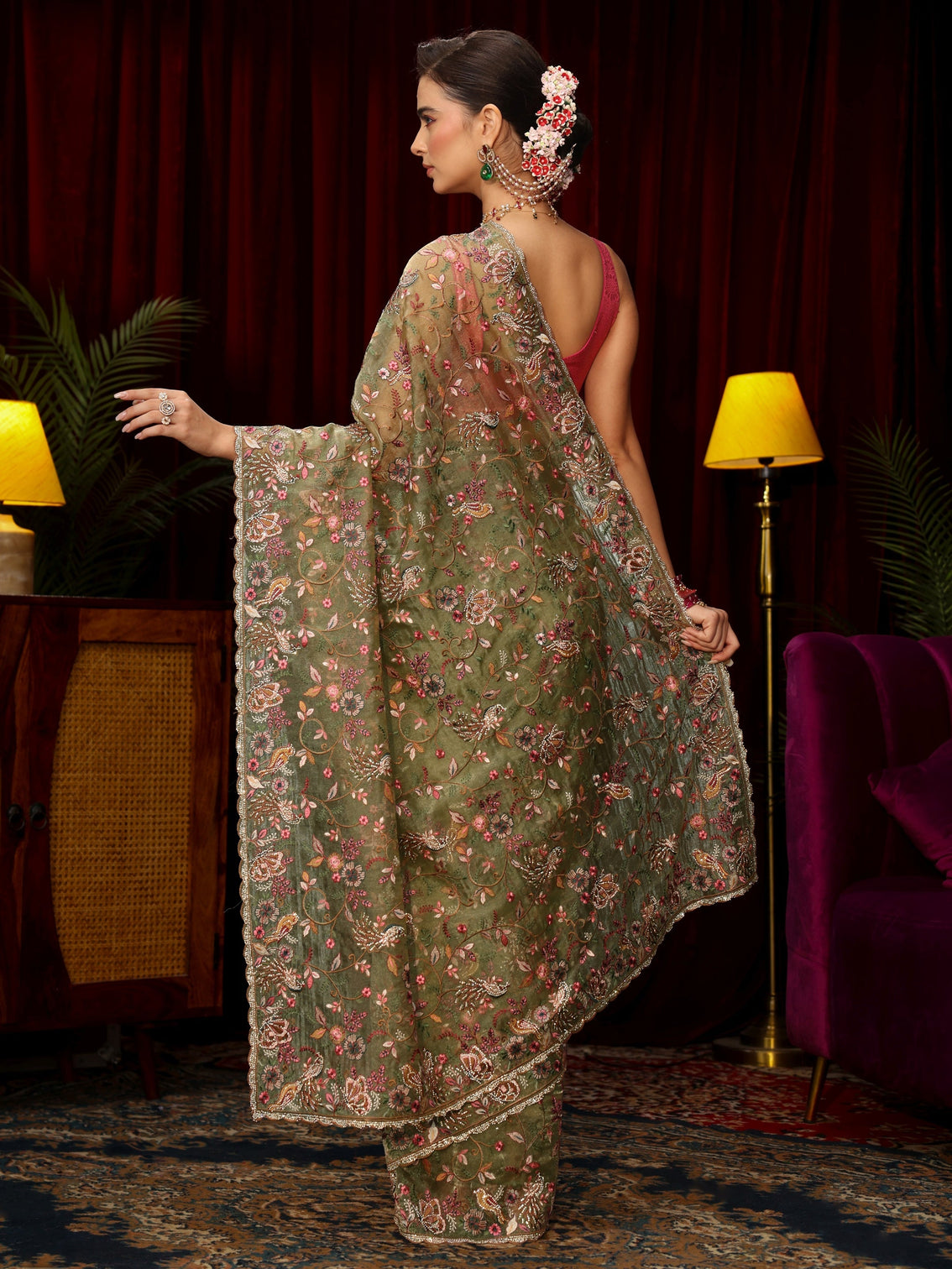 Mameraa Art Sage Green Floral Embellished Tissue Saree