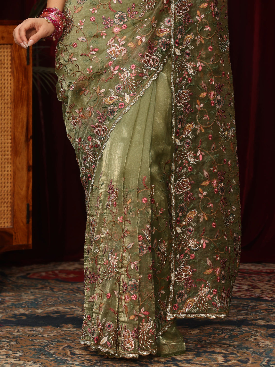 Mameraa Art Sage Green Floral Embellished Tissue Saree