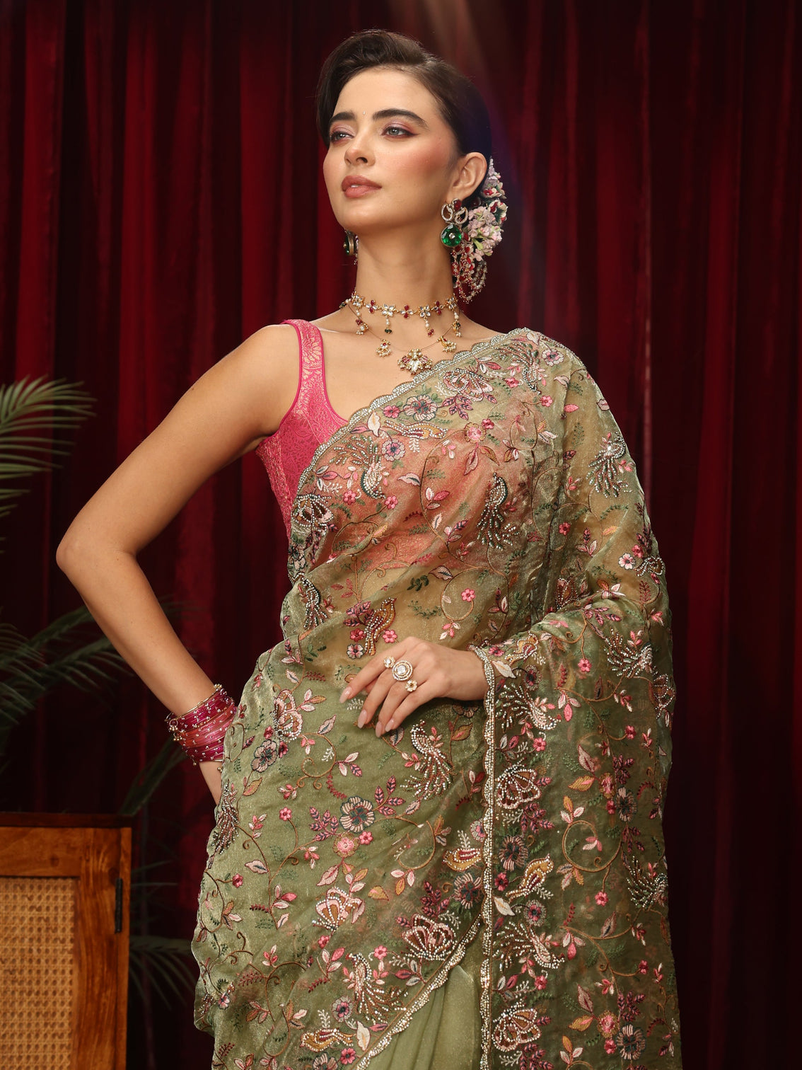 Mameraa Art Sage Green Floral Embellished Tissue Saree