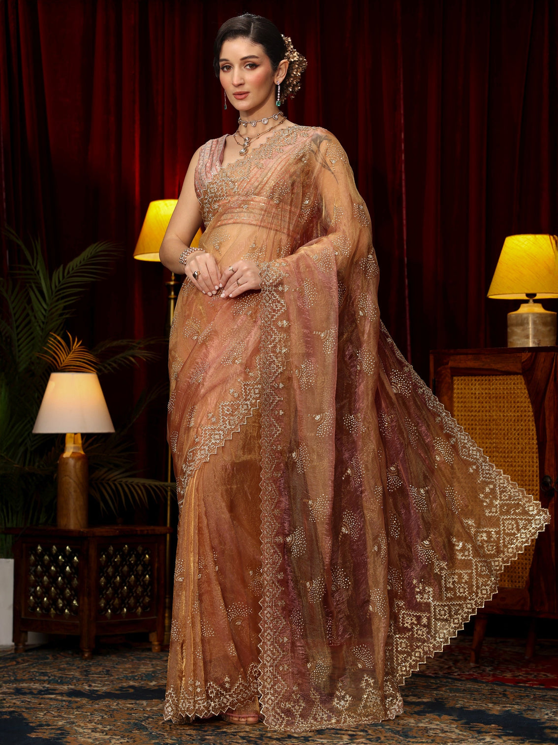 Mameraa Art Dusty Rose Pink Stone Work Embellished Tissue Saree