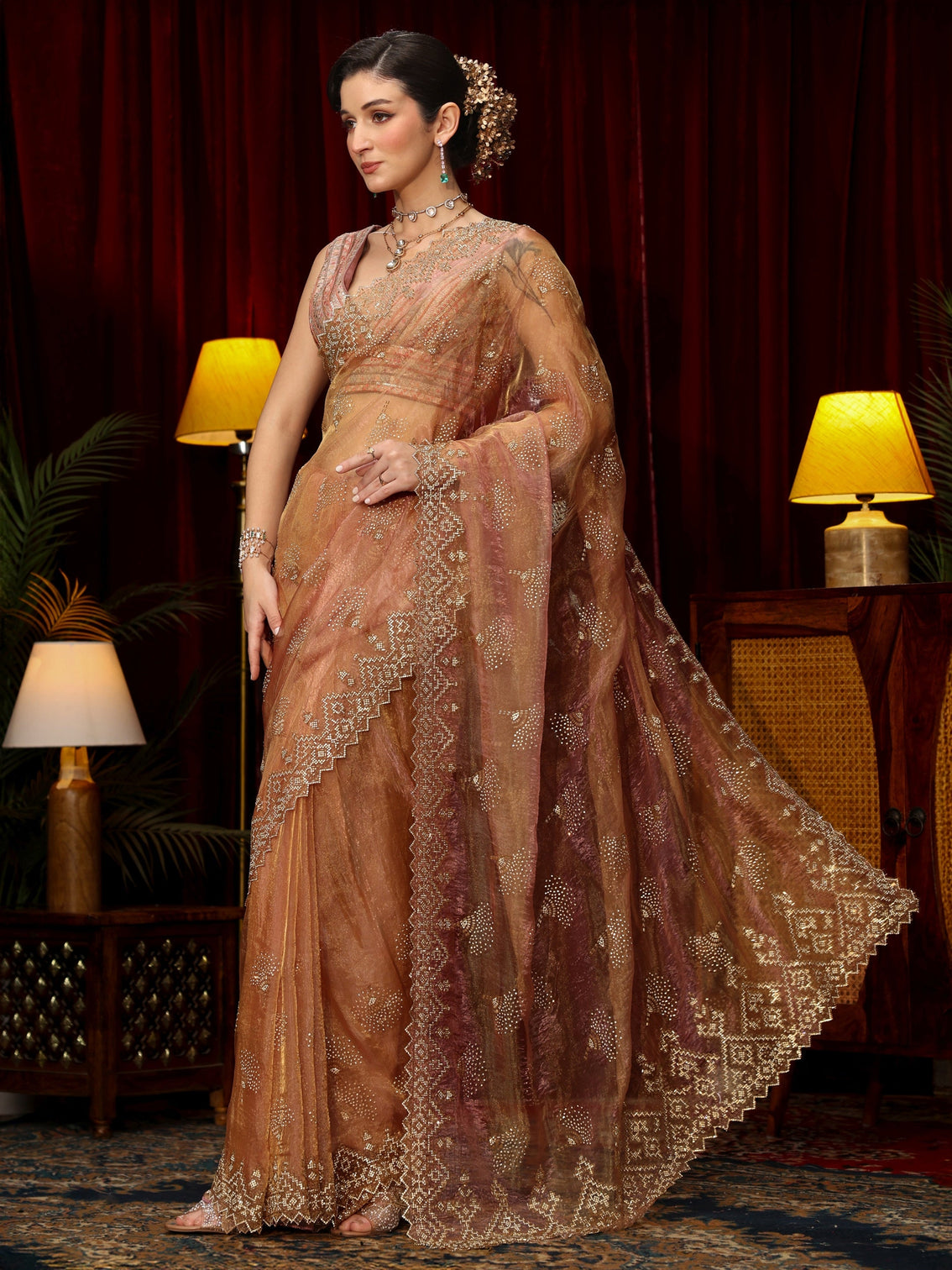 Mameraa Art Dusty Rose Pink Stone Work Embellished Tissue Saree