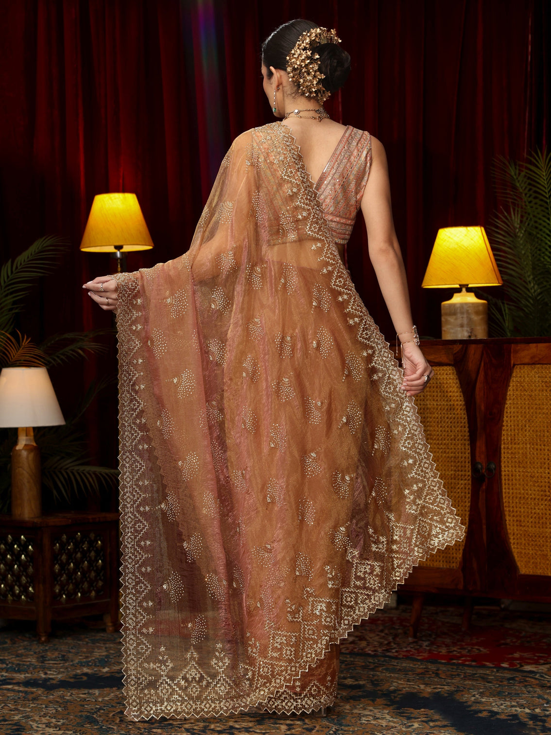 Mameraa Art Dusty Rose Pink Stone Work Embellished Tissue Saree