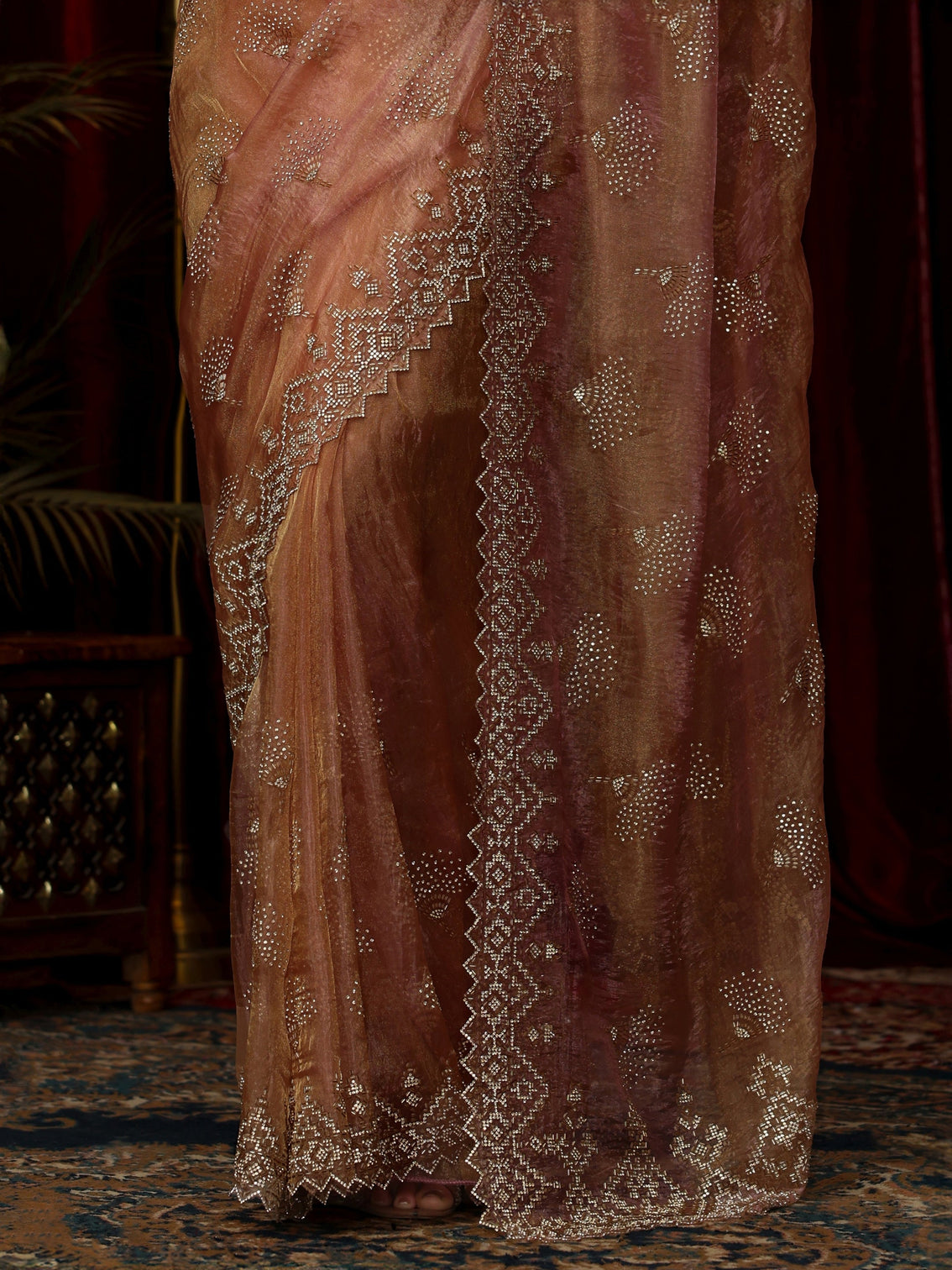 Mameraa Art Dusty Rose Pink Stone Work Embellished Tissue Saree