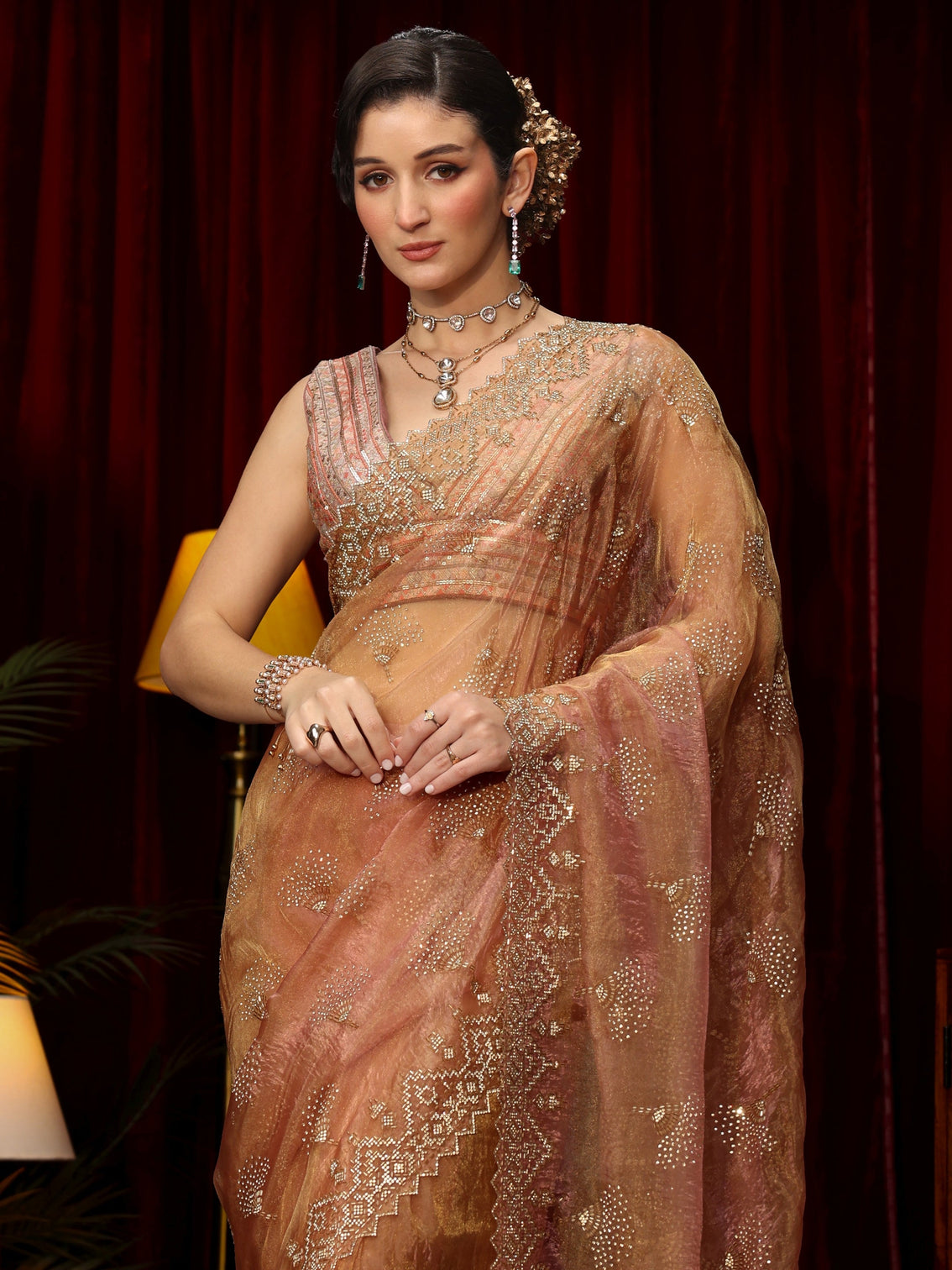 Mameraa Art Dusty Rose Pink Stone Work Embellished Tissue Saree