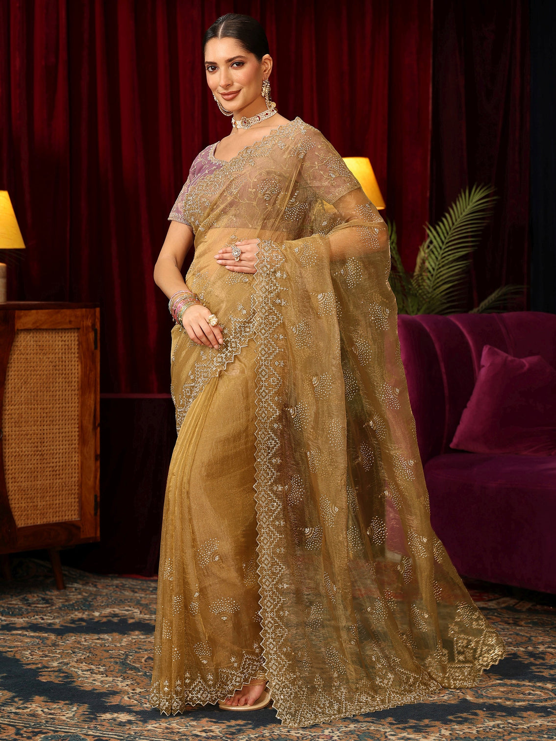 Mameraa Art Mustard Stone Work Embellished Tissue Saree