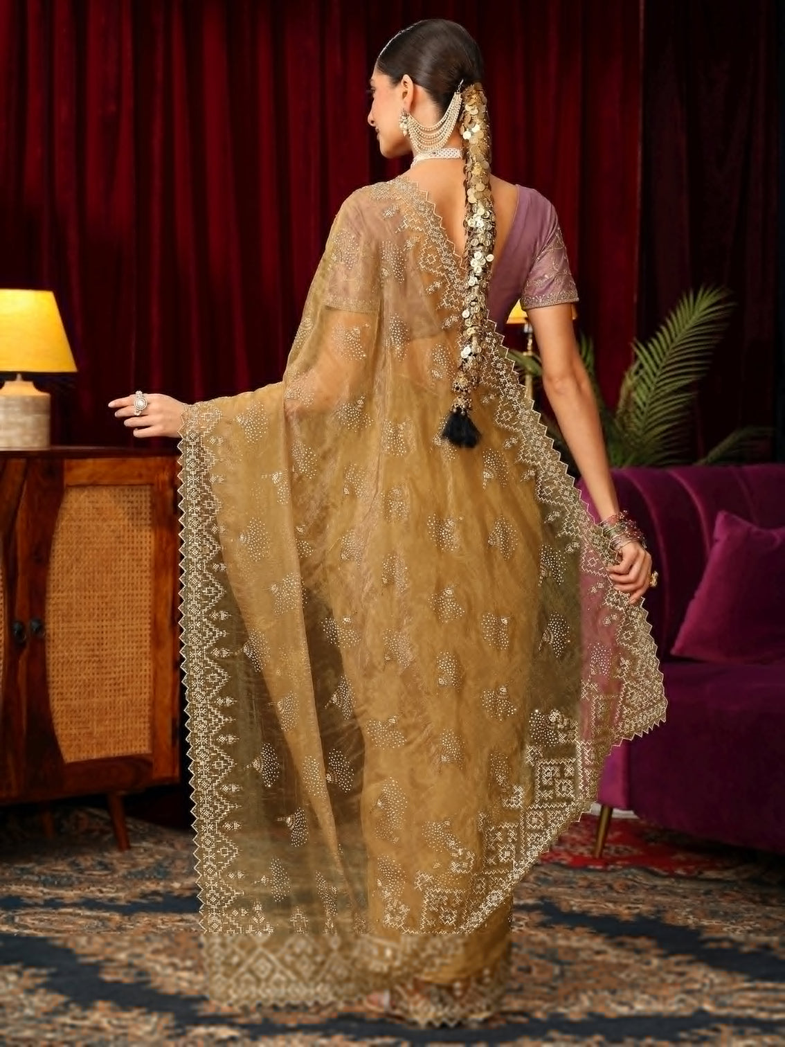 Mameraa Art Mustard Stone Work Embellished Tissue Saree