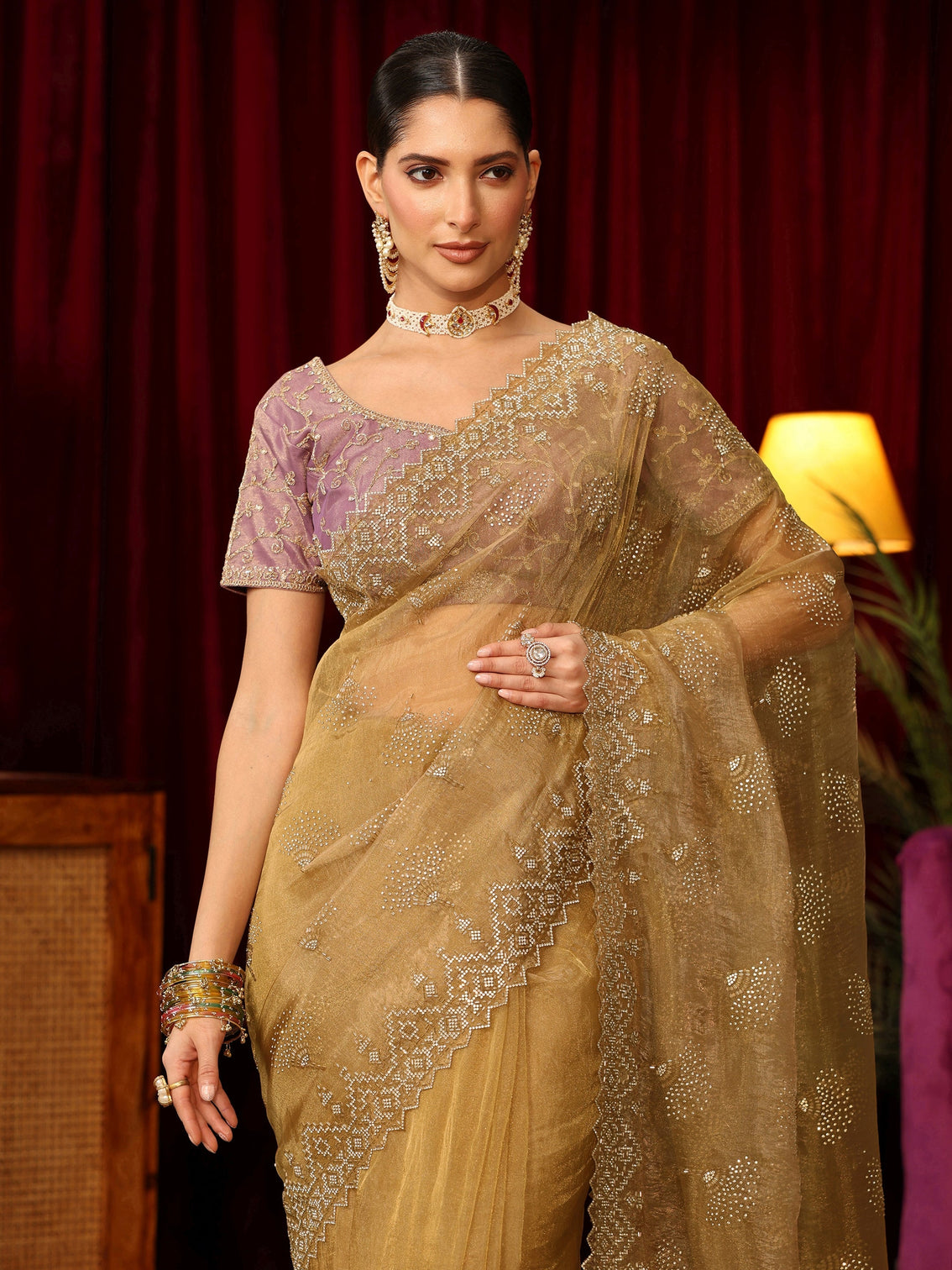Mameraa Art Mustard Stone Work Embellished Tissue Saree