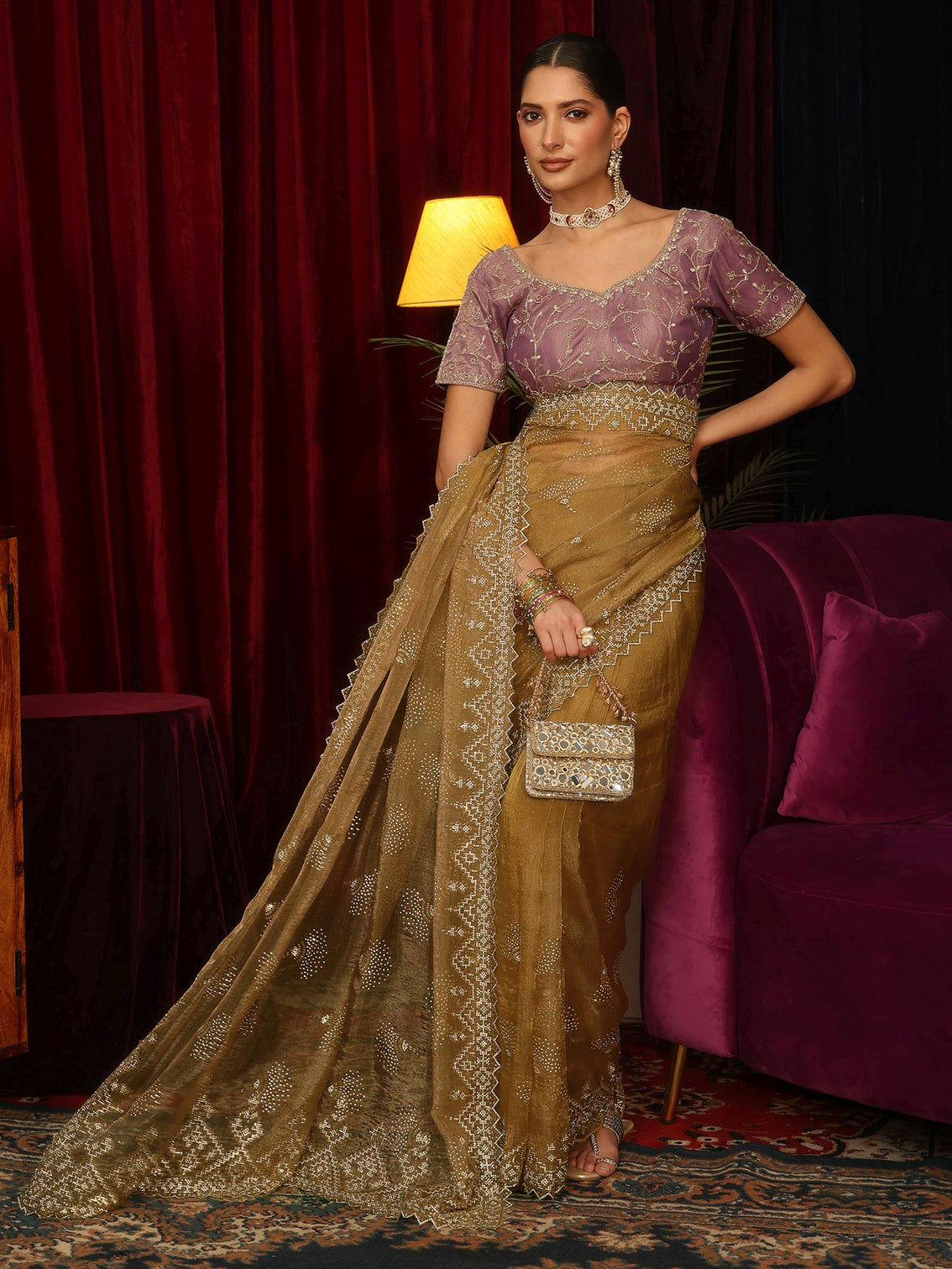 Mameraa Art Mustard Stone Work Embellished Tissue Saree